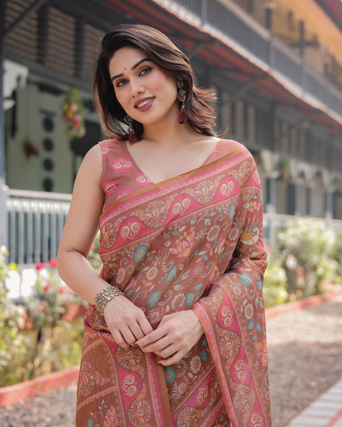 Copper Brown Handloom Cotton-Linen Saree with Floral Motifs and Vibrant Pink Accents - SEEANS