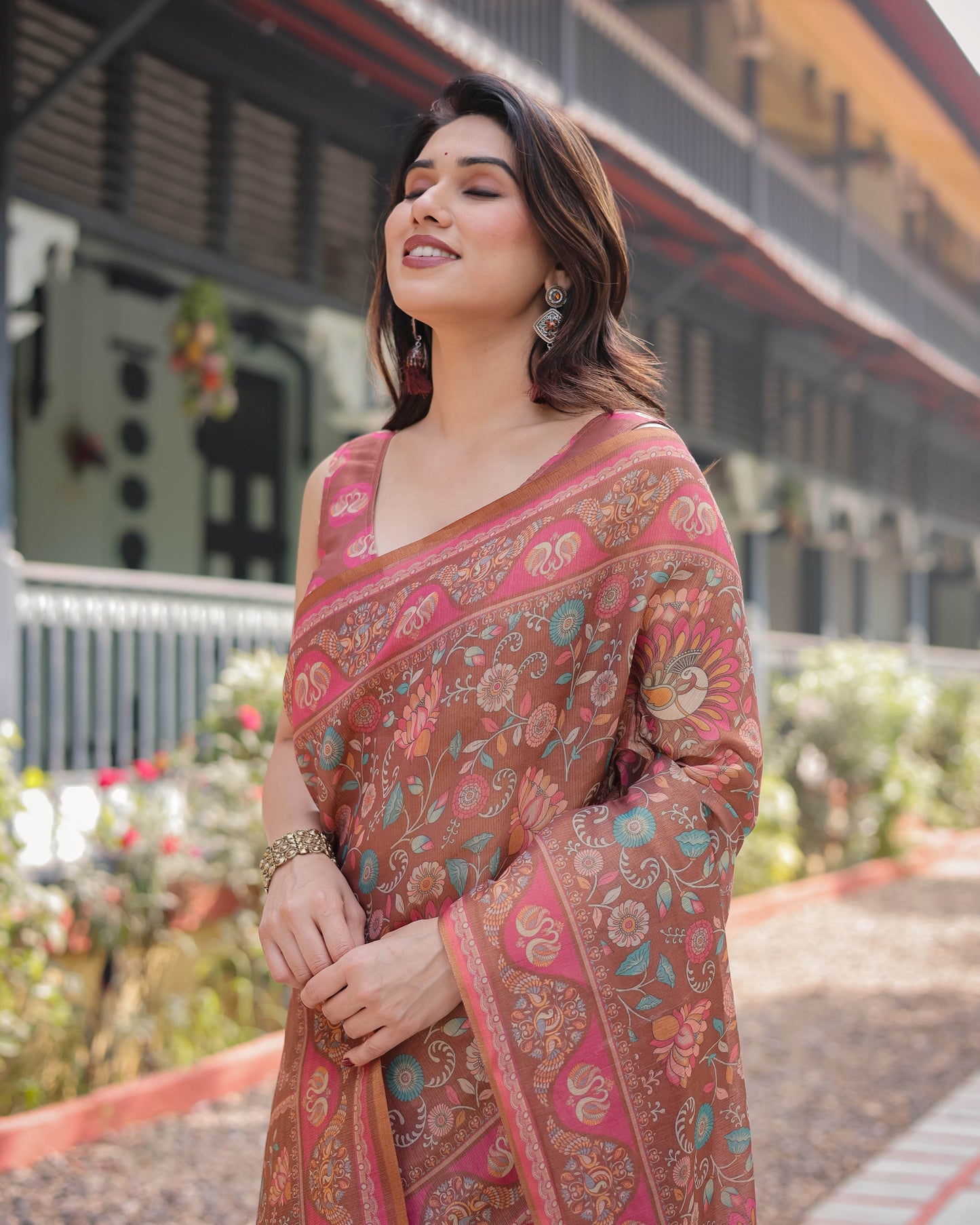 Copper Brown Handloom Cotton-Linen Saree with Floral Motifs and Vibrant Pink Accents - SEEANS