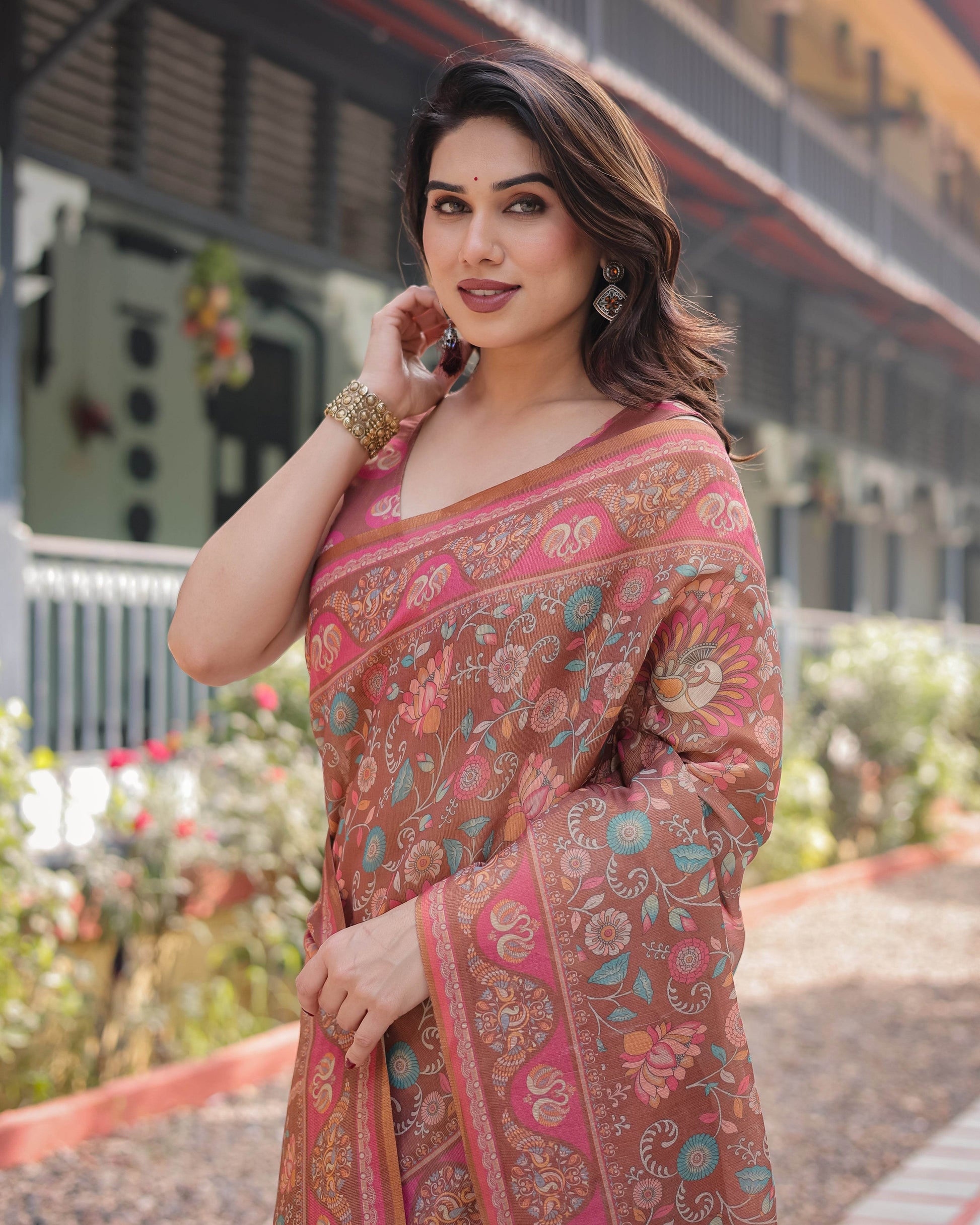 Copper Brown Handloom Cotton-Linen Saree with Floral Motifs and Vibrant Pink Accents - SEEANS