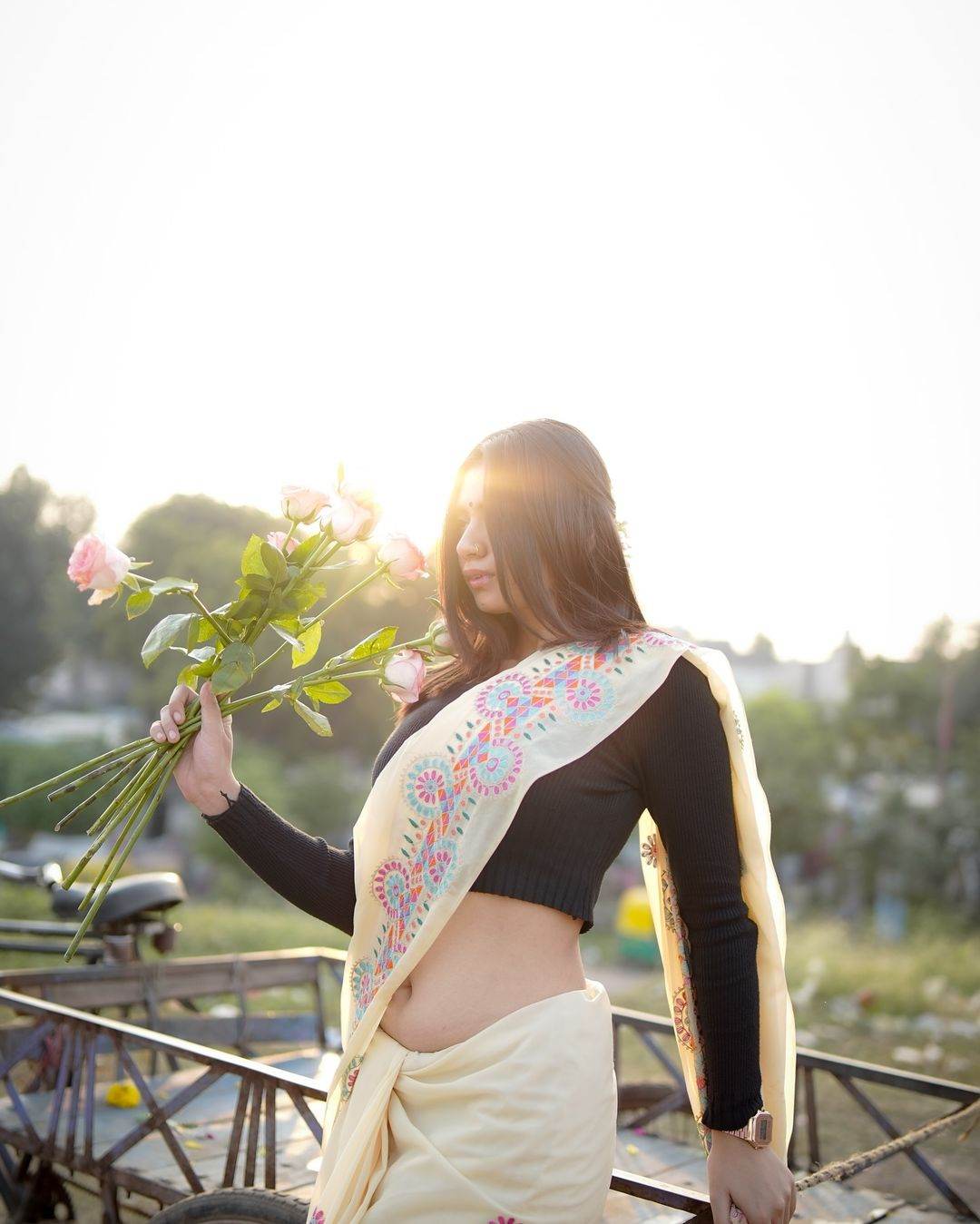 Pastel Cream Printed Crepe Silk Saree with Black Blouse - SEEANS