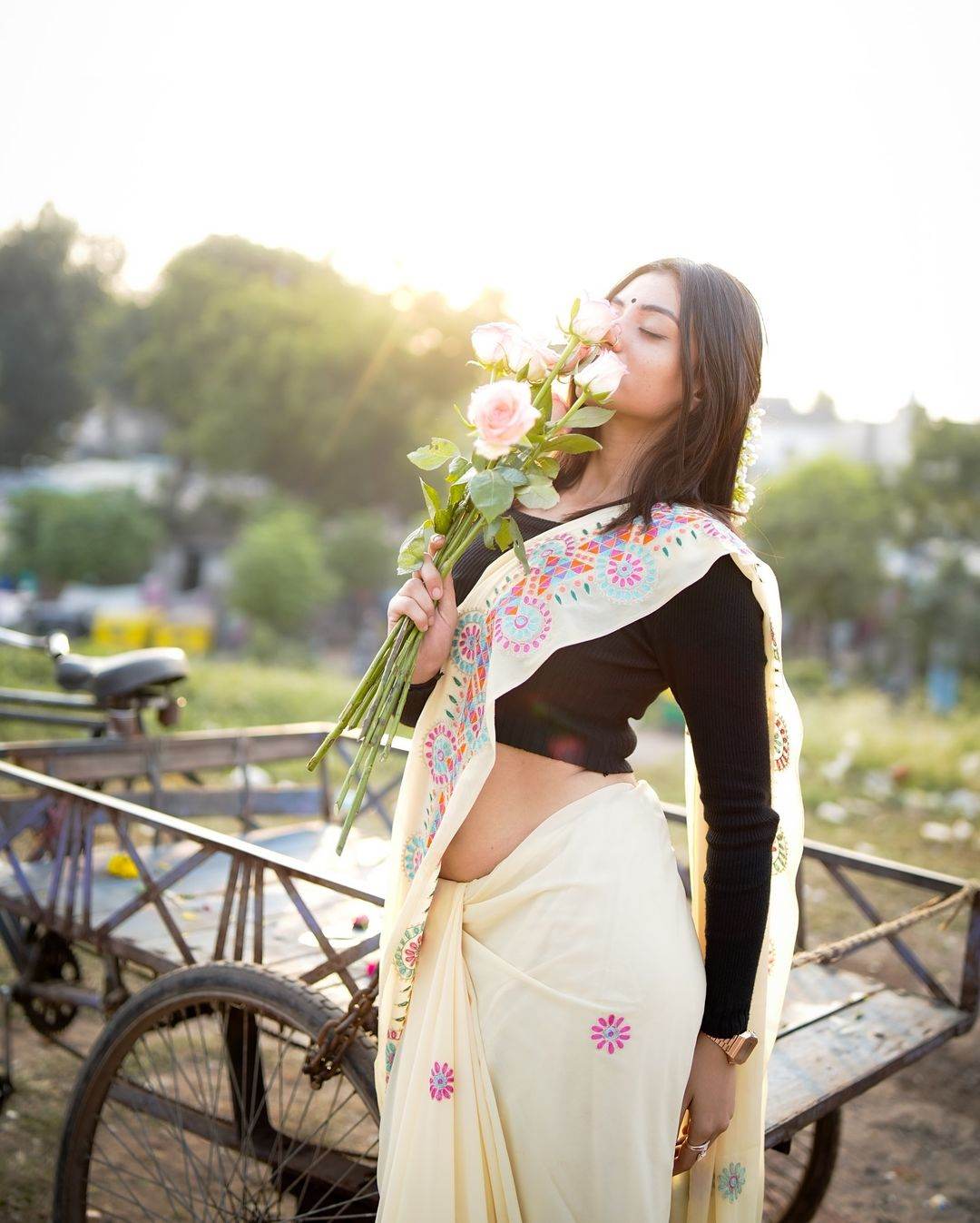 Pastel Cream Printed Crepe Silk Saree with Black Blouse - SEEANS