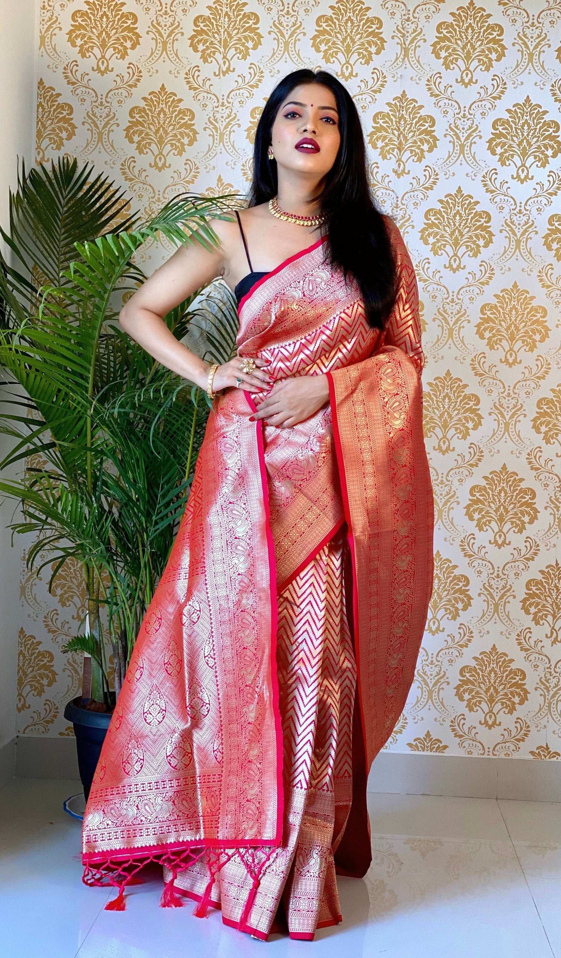 Pure Banarasi Silk Saree with Zari Weaving & Unstitched Blouse - SEEANS