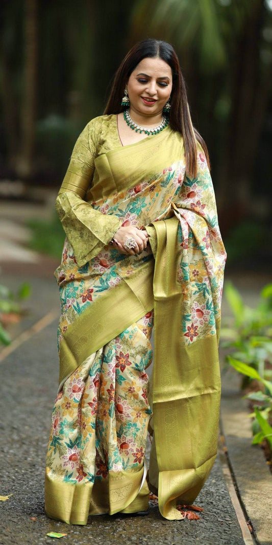 Lime Green Banarasi Silk Saree with Vibrant Floral Digital Print & Zari Weave Border - SEEANS