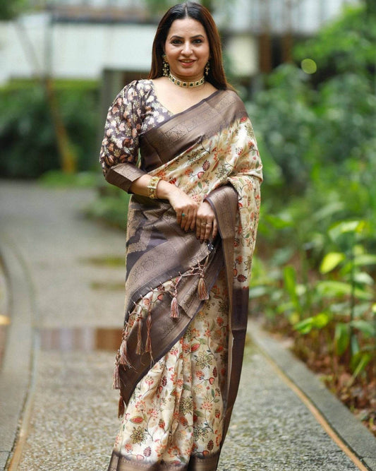 Cream Banarasi Silk Saree with Floral Digital Print, Chocolate Brown Zari Border & Pallu - SEEANS