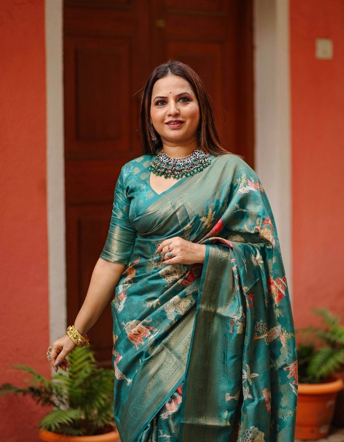 Teal Banarasi Silk Saree with Zari Weave Border & Intricate Traditional Motifs - SEEANS