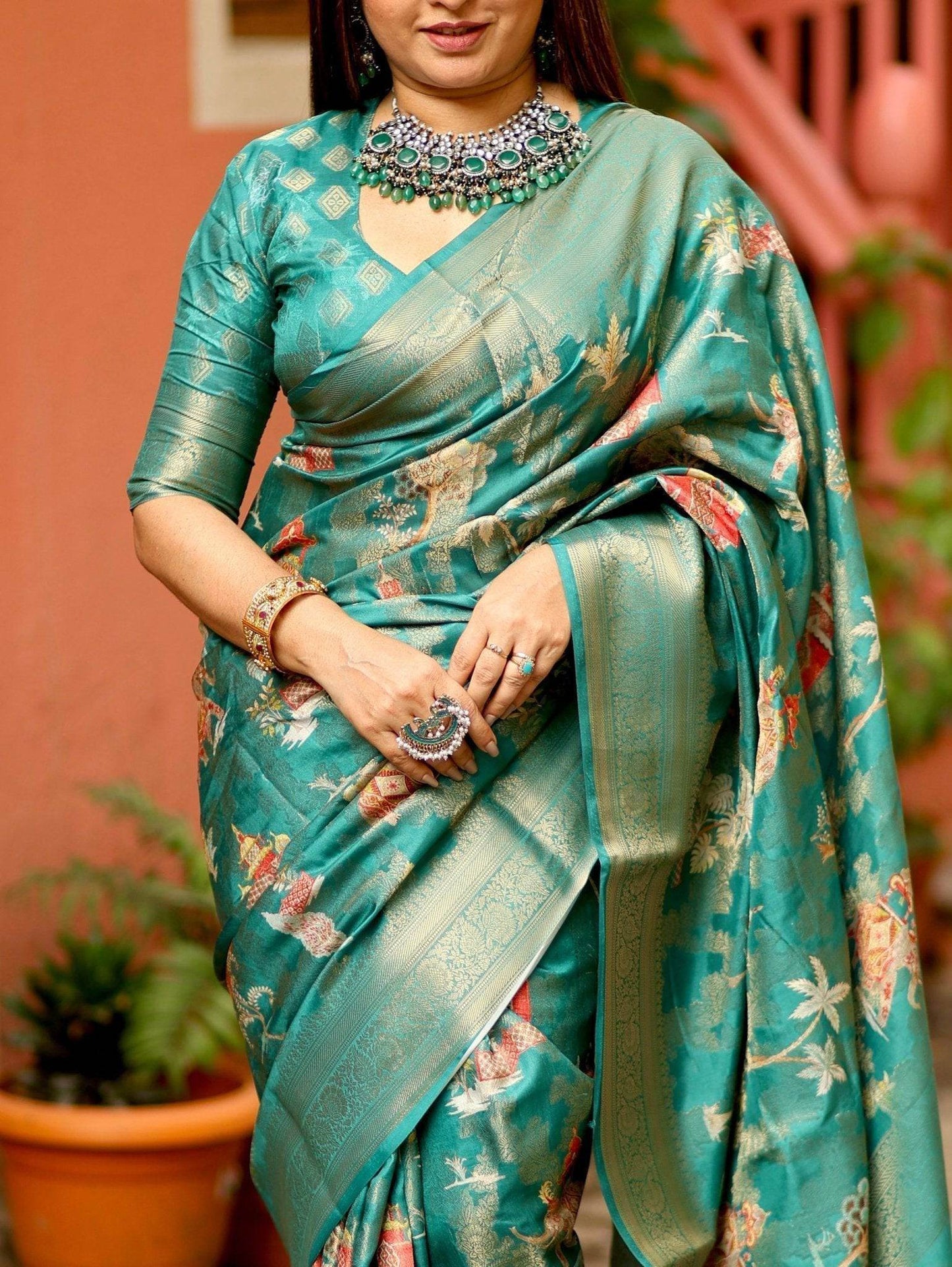 Teal Banarasi Silk Saree with Zari Weave Border & Intricate Traditional Motifs - SEEANS