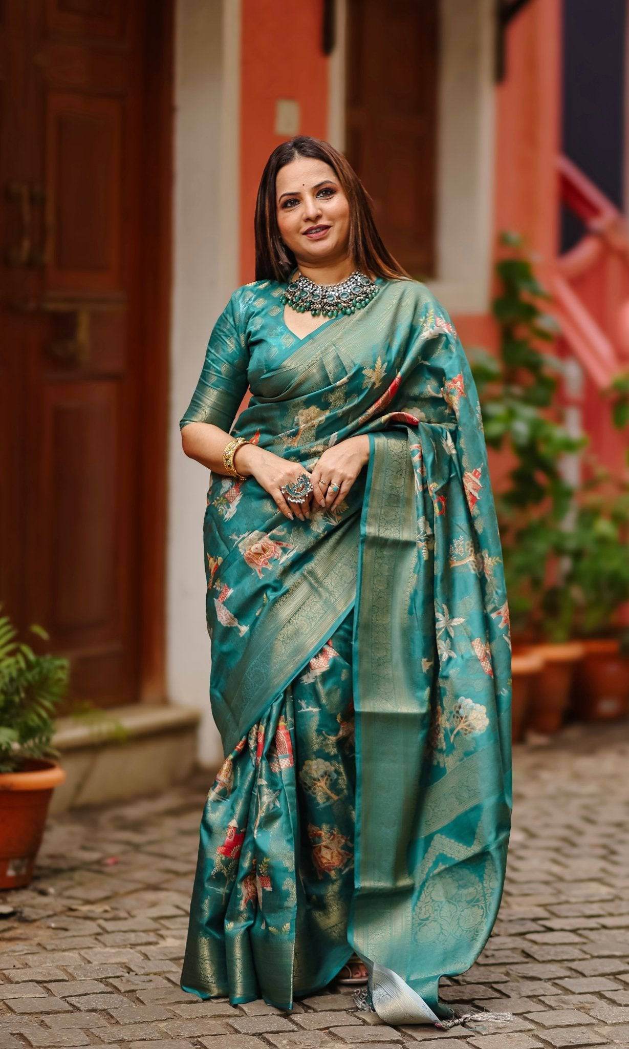 Teal Banarasi Silk Saree with Zari Weave Border & Intricate Traditional Motifs - SEEANS