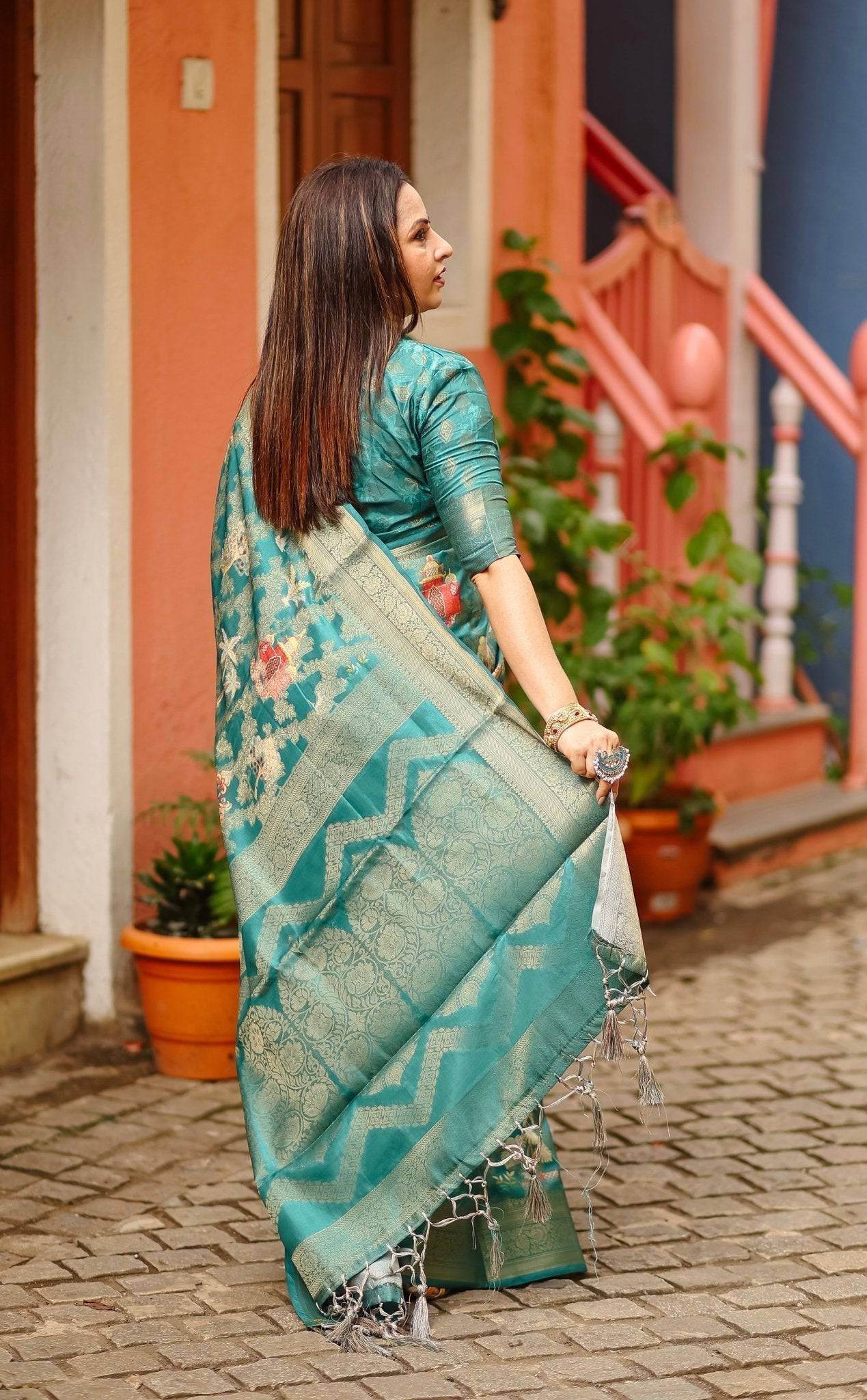 Teal Banarasi Silk Saree with Zari Weave Border & Intricate Traditional Motifs - SEEANS