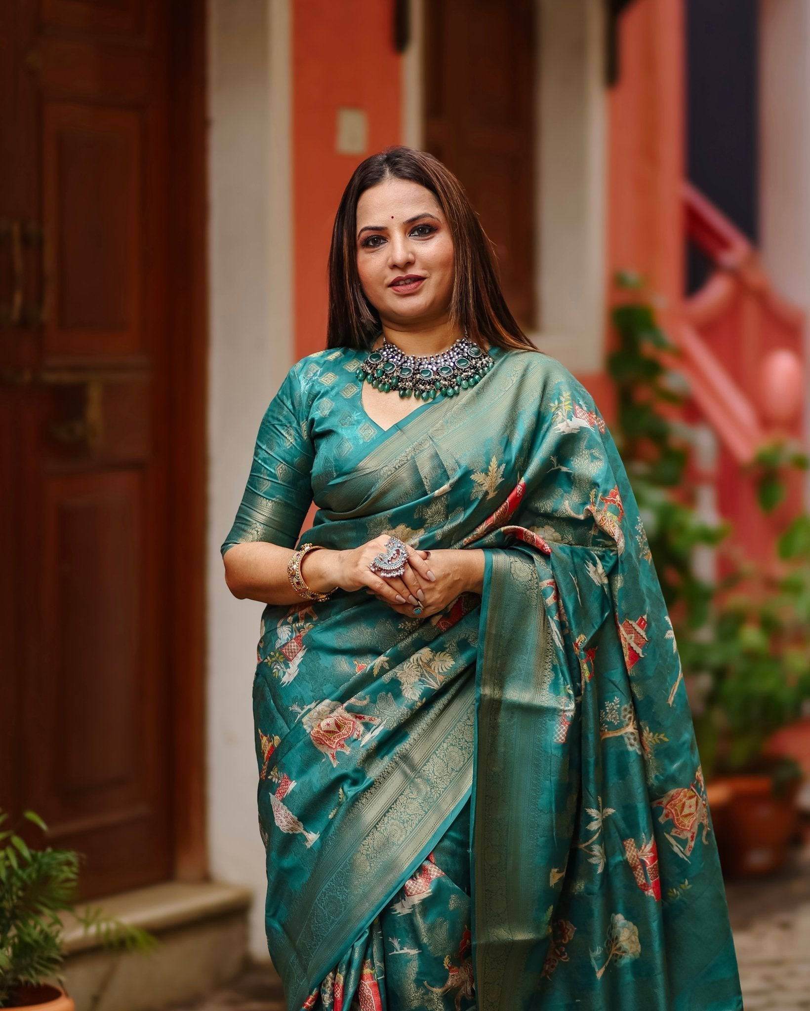 Teal Banarasi Silk Saree with Zari Weave Border & Intricate Traditional Motifs - SEEANS