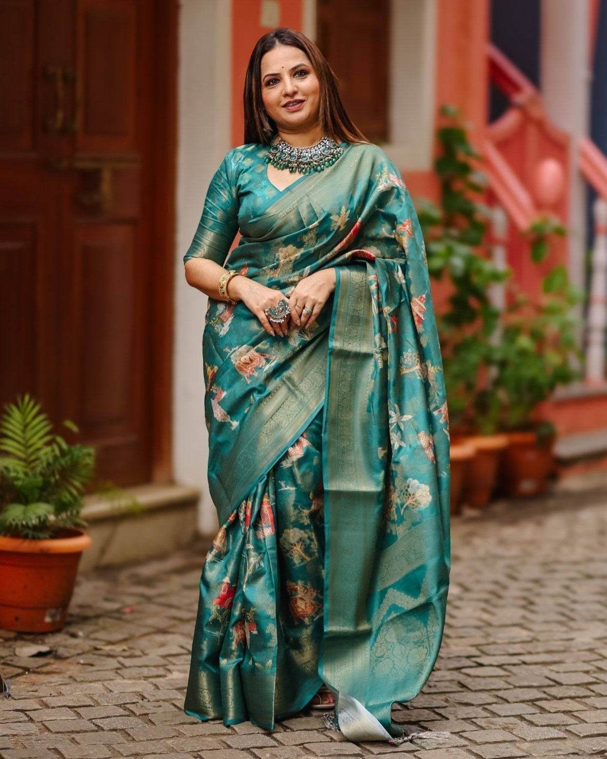 Teal Banarasi Silk Saree with Zari Weave Border & Intricate Traditional Motifs - SEEANS