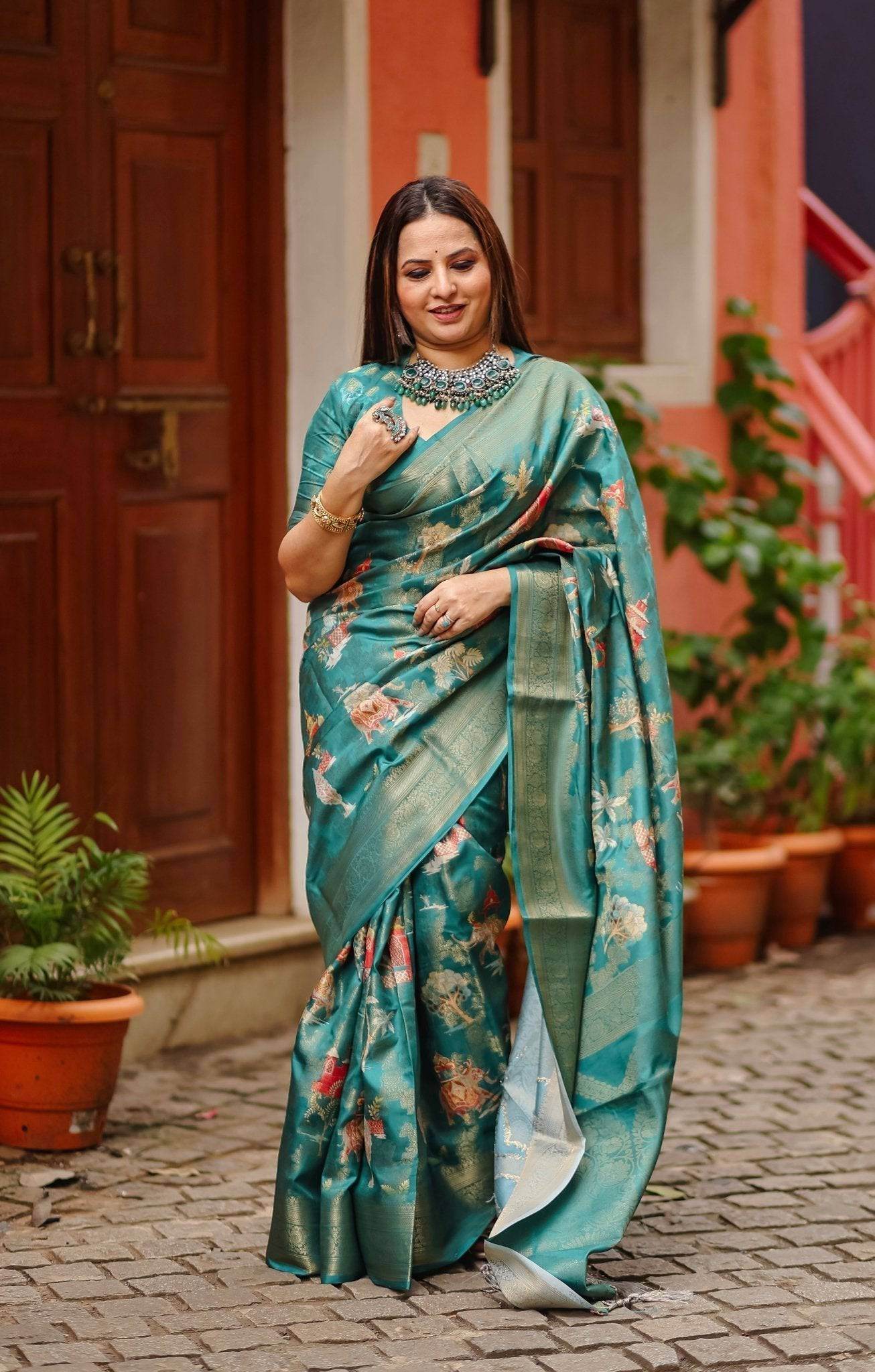 Teal Banarasi Silk Saree with Zari Weave Border & Intricate Traditional Motifs - SEEANS