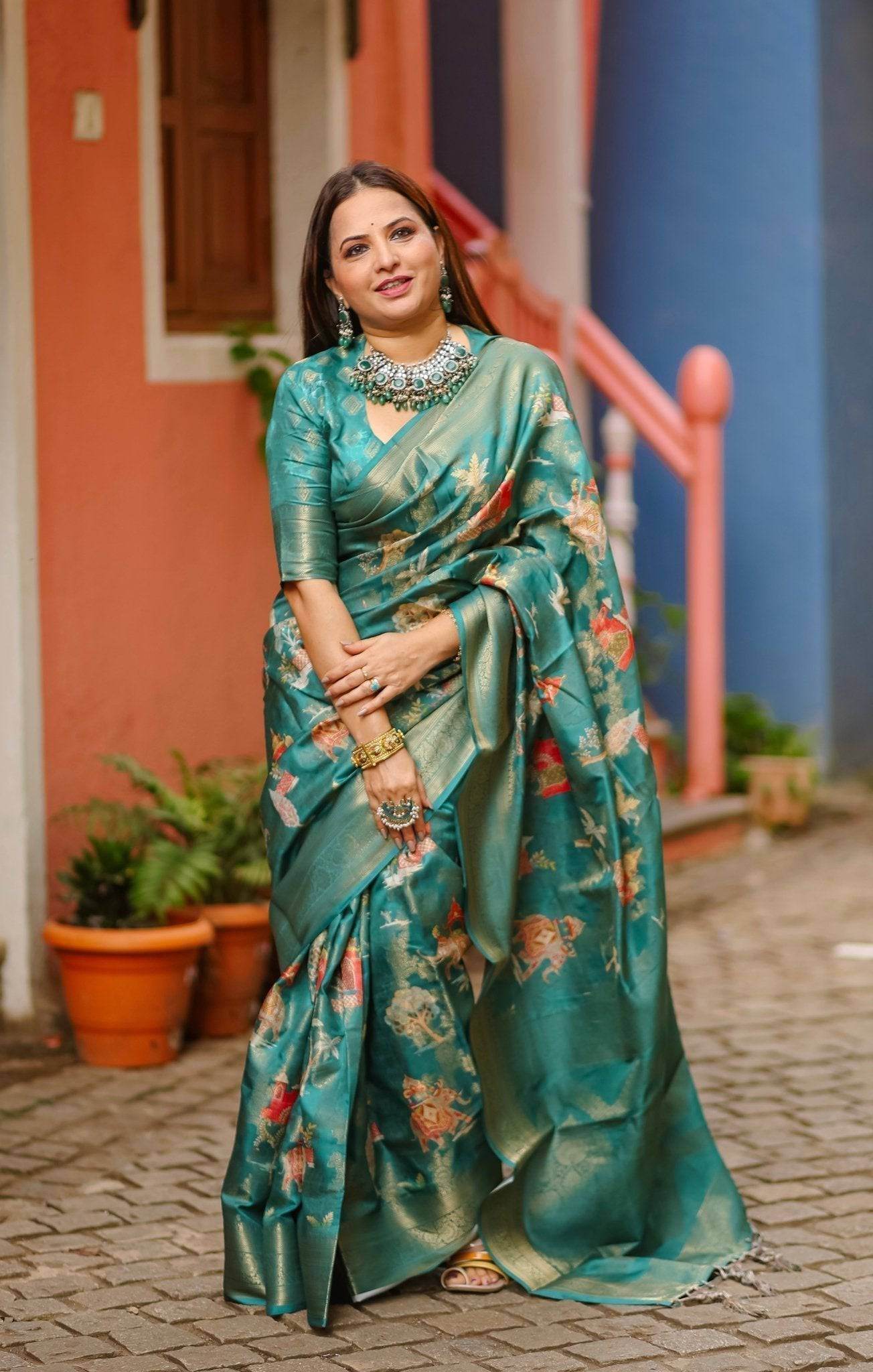 Teal Banarasi Silk Saree with Zari Weave Border & Intricate Traditional Motifs - SEEANS