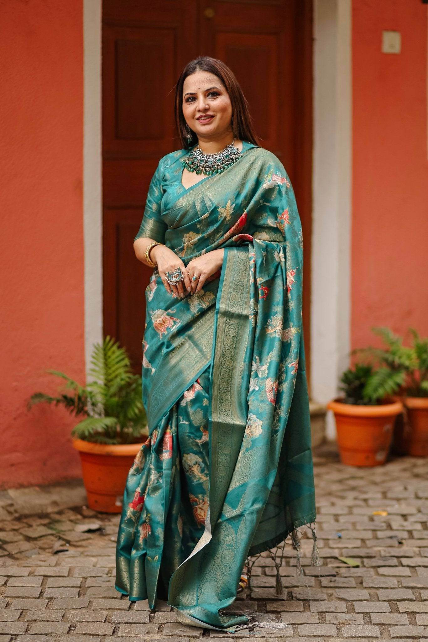 Teal Banarasi Silk Saree with Zari Weave Border & Intricate Traditional Motifs - SEEANS