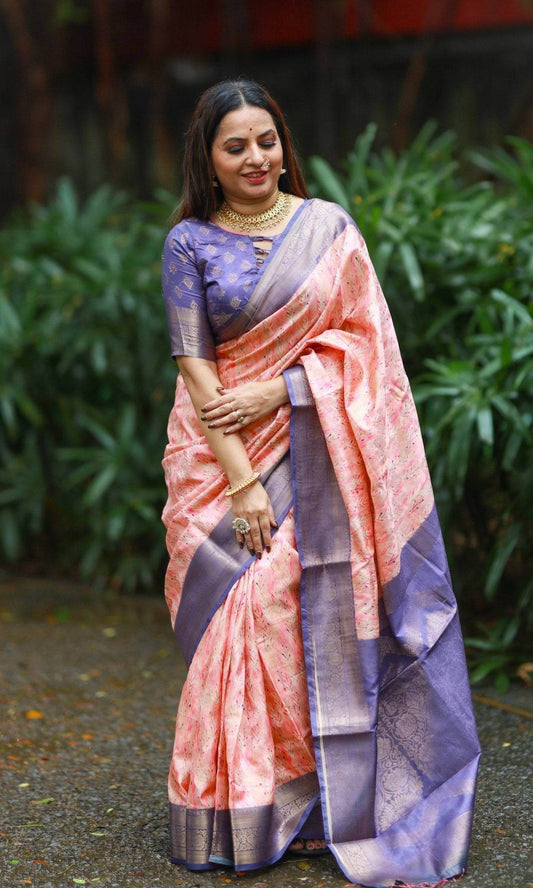 Soft Peach Banarasi Silk Saree with Lavender Zari Border & Delicate Floral Design - SEEANS