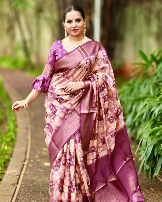 Regal Purple Banarasi Silk Saree with Beige Checkered Design, Zari Border & Pallu - SEEANS