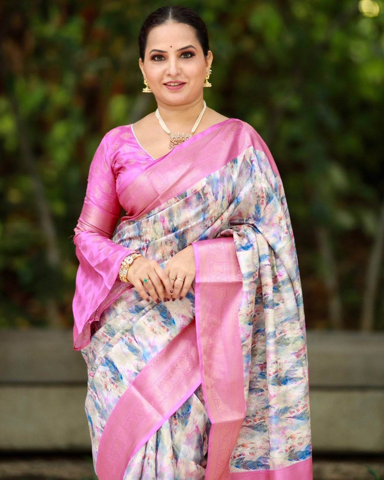 Elegant Pink Banarasi Silk Saree with Multicolor Floral Digital Print, Zari Weave Border & Tassels - SEEANS