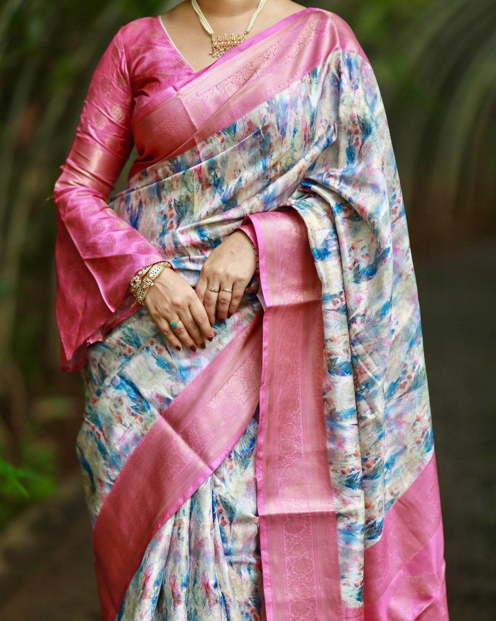 Elegant Pink Banarasi Silk Saree with Multicolor Floral Digital Print, Zari Weave Border & Tassels - SEEANS