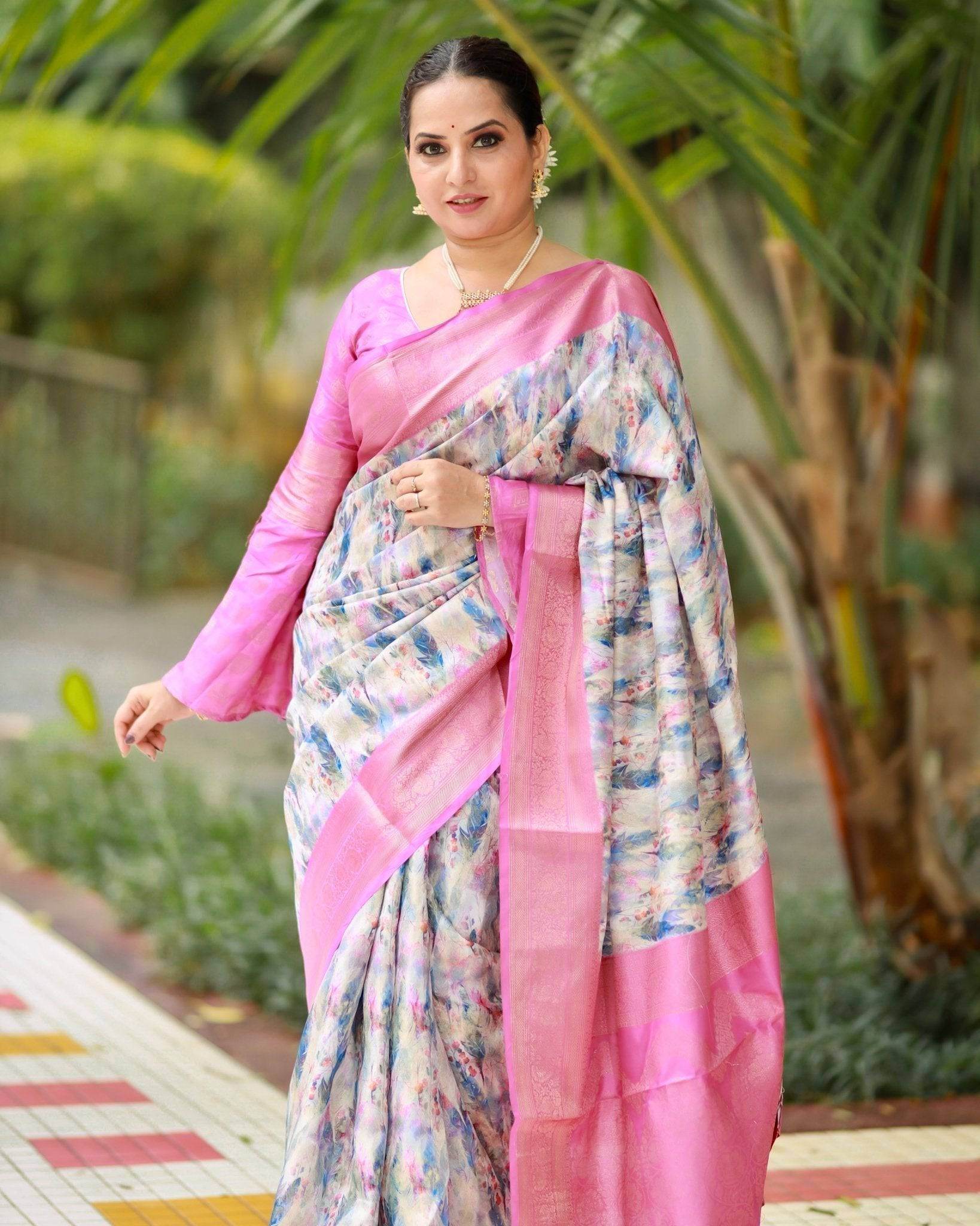 Elegant Pink Banarasi Silk Saree with Multicolor Floral Digital Print, Zari Weave Border & Tassels - SEEANS