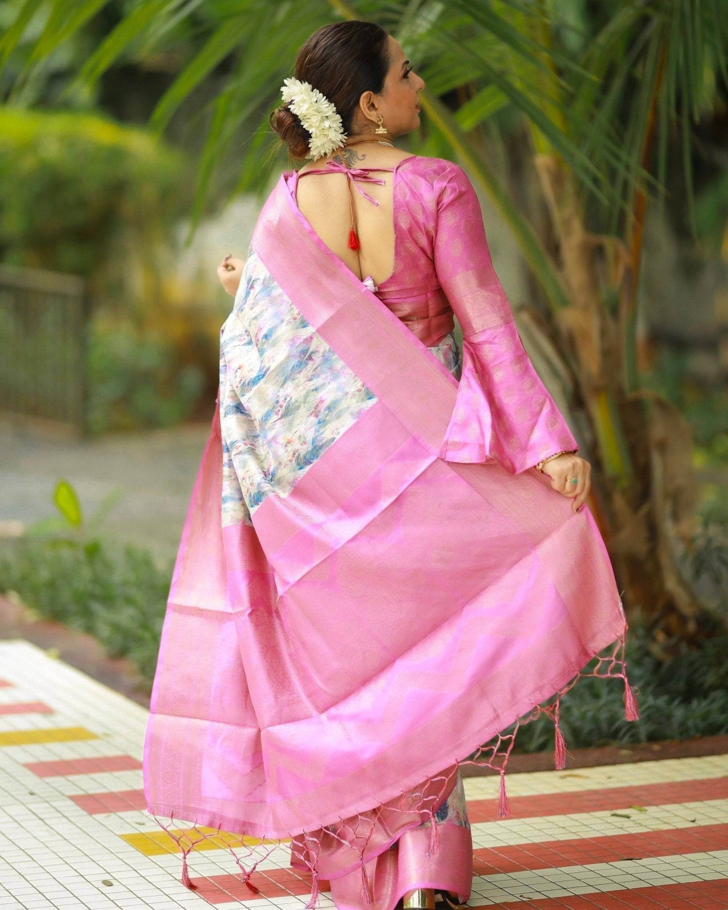 Elegant Pink Banarasi Silk Saree with Multicolor Floral Digital Print, Zari Weave Border & Tassels - SEEANS