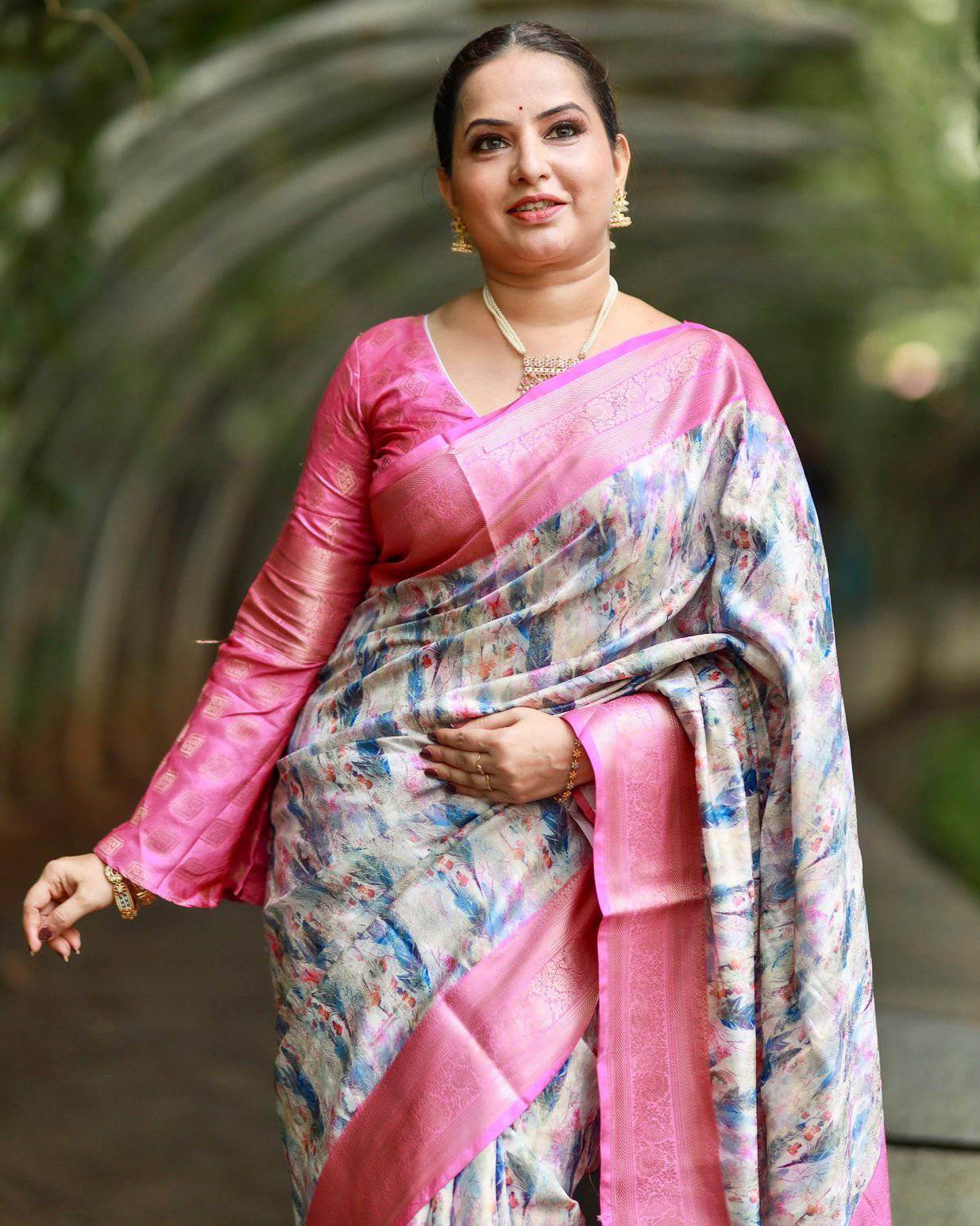 Elegant Pink Banarasi Silk Saree with Multicolor Floral Digital Print, Zari Weave Border & Tassels - SEEANS