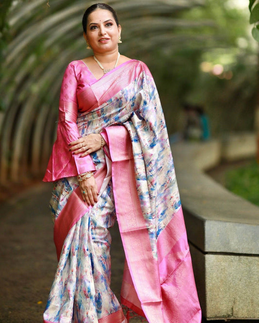 Elegant Pink Banarasi Silk Saree with Multicolor Floral Digital Print, Zari Weave Border & Tassels - SEEANS