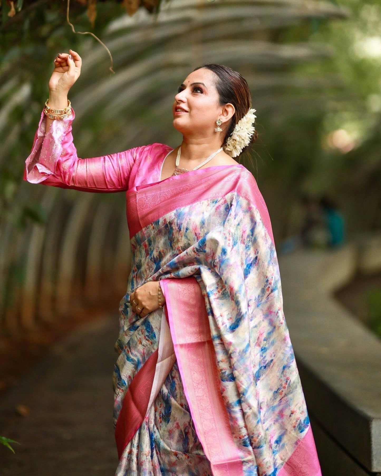 Elegant Pink Banarasi Silk Saree with Multicolor Floral Digital Print, Zari Weave Border & Tassels - SEEANS