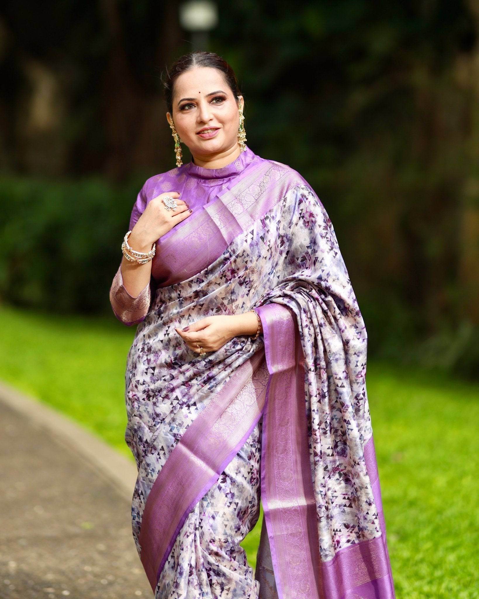 Lavender Banarasi Silk Saree with Delicate Floral Prints and Lustrous Zari Borders - SEEANS