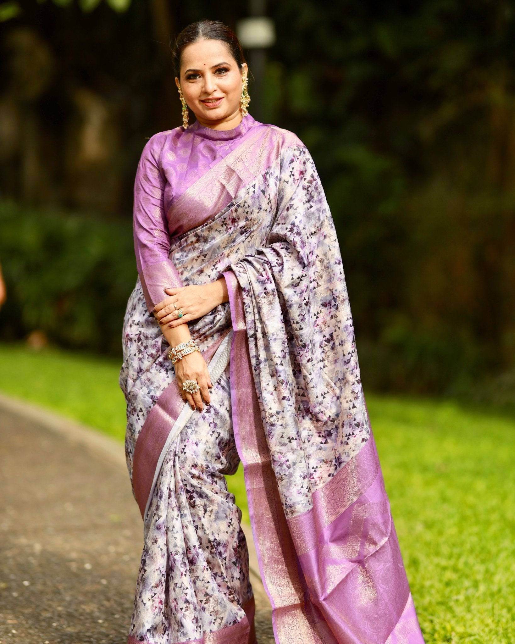 Lavender Banarasi Silk Saree with Delicate Floral Prints and Lustrous Zari Borders - SEEANS