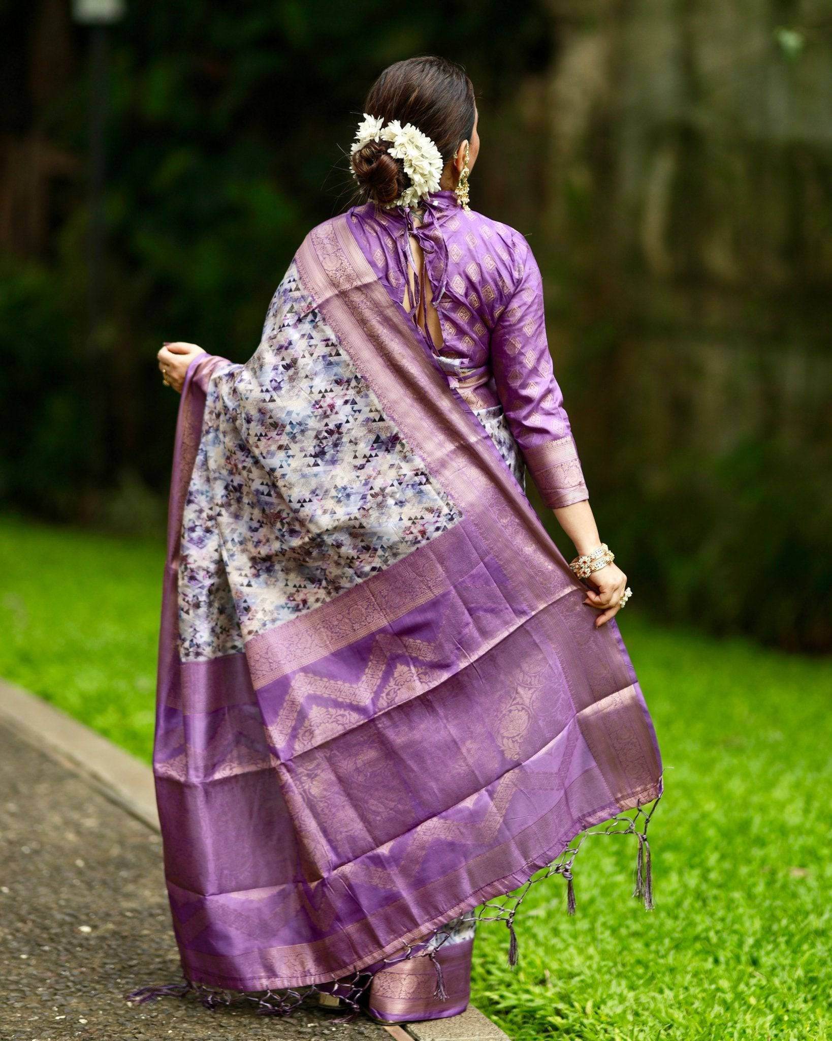 Lavender Banarasi Silk Saree with Delicate Floral Prints and Lustrous Zari Borders - SEEANS