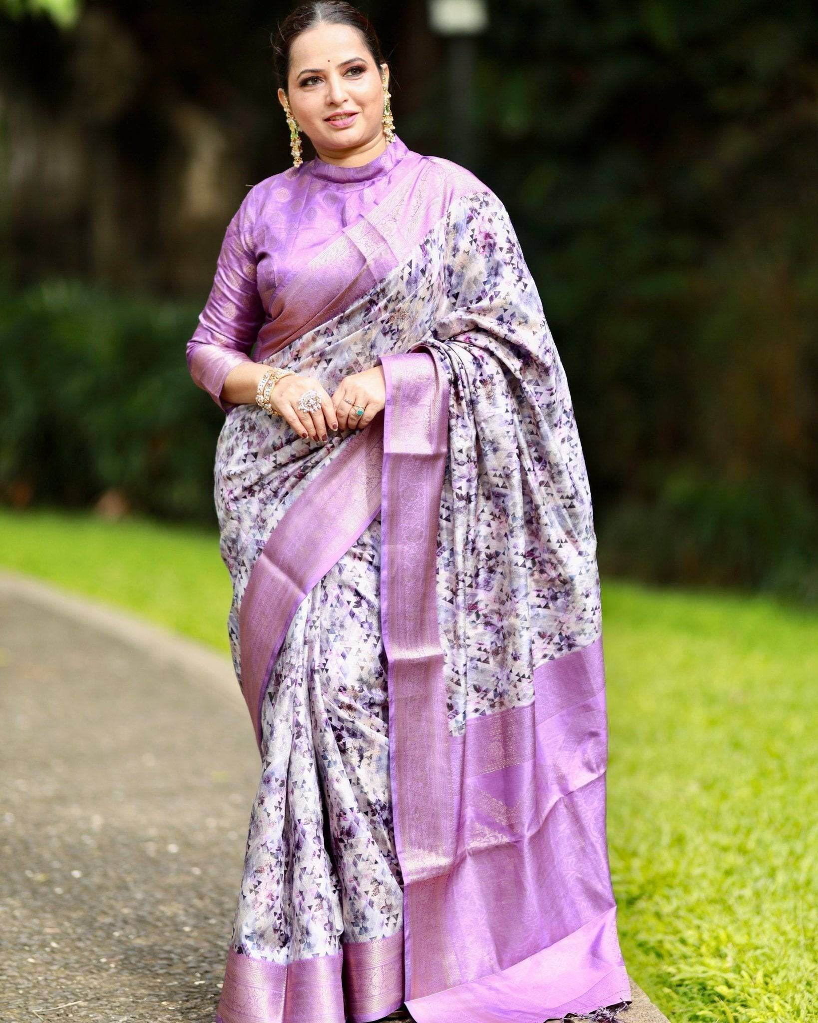 Lavender Banarasi Silk Saree with Delicate Floral Prints and Lustrous Zari Borders - SEEANS