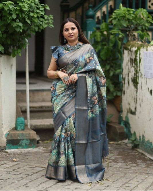 Elegant Teal Blue Banarasi Silk Saree with Forest-Inspired Motifs and Tassels - SEEANS