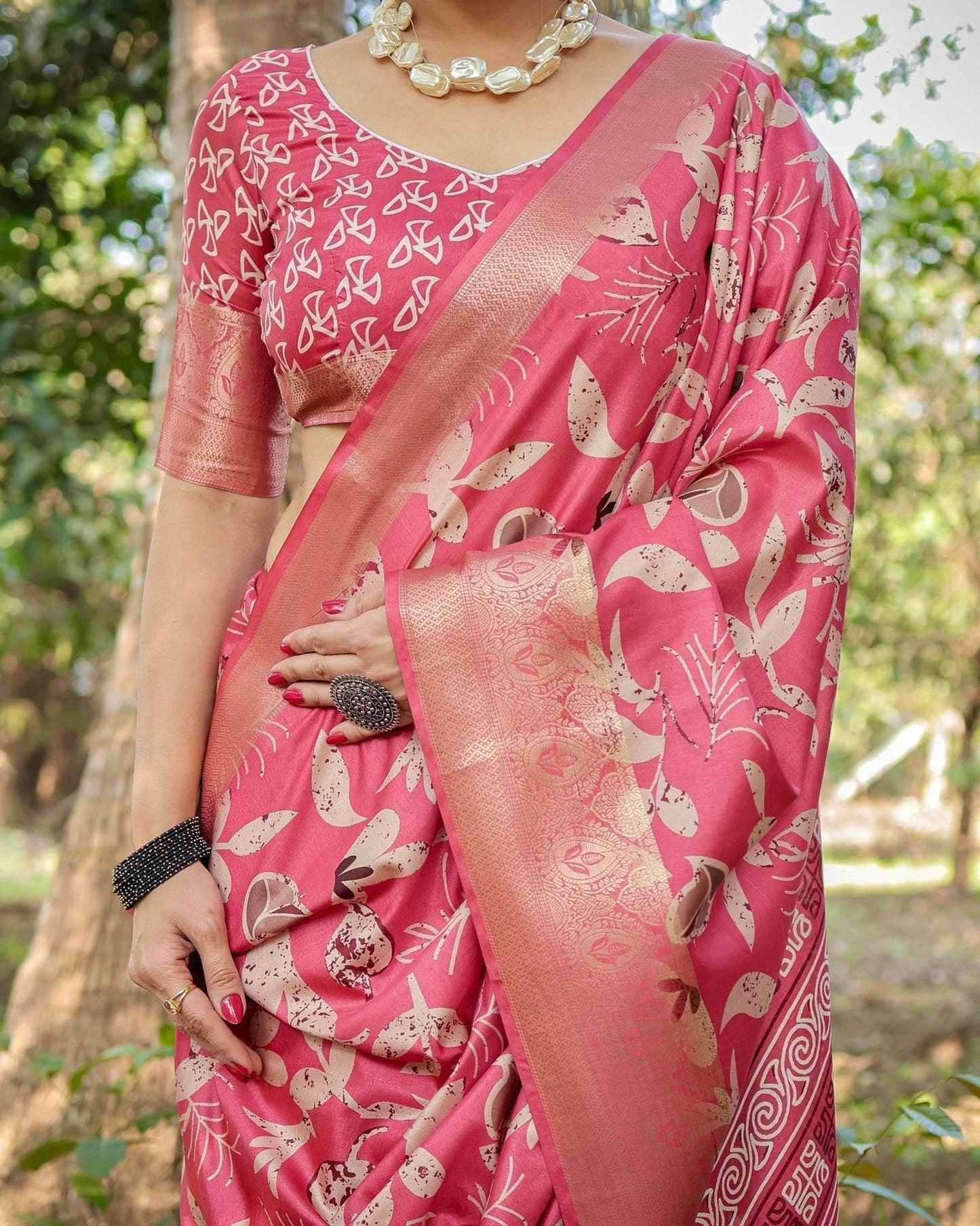 Vibrant Pink Tussar Silk Saree with Intricate Zari Border and Modern Floral Pallu - SEEANS