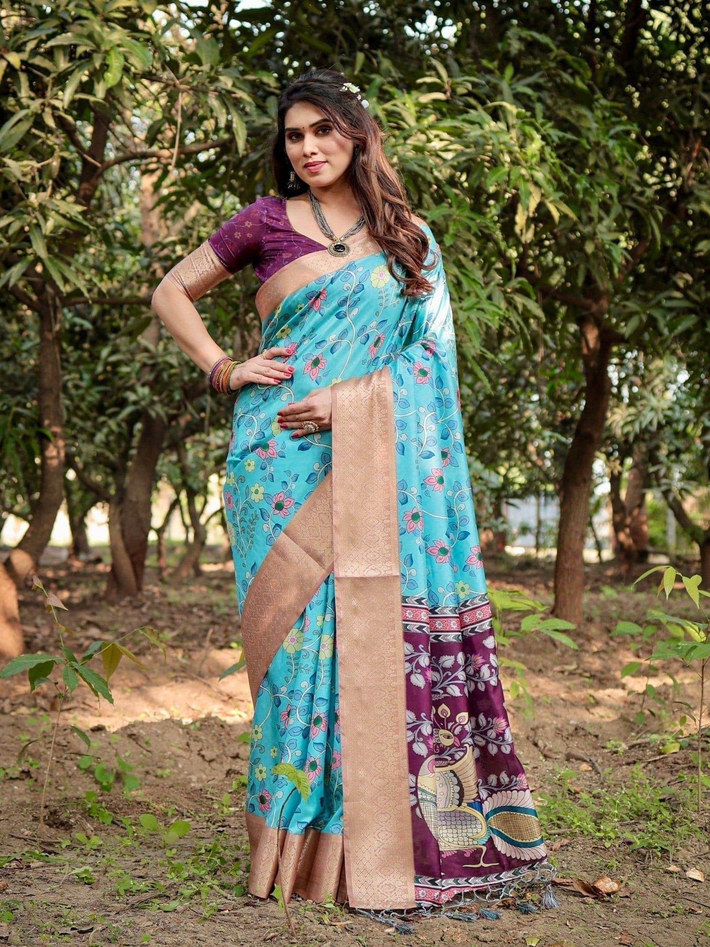 Aqua Blue Tussar Silk Saree with Floral Vine Design and Gold Zari Border - SEEANS