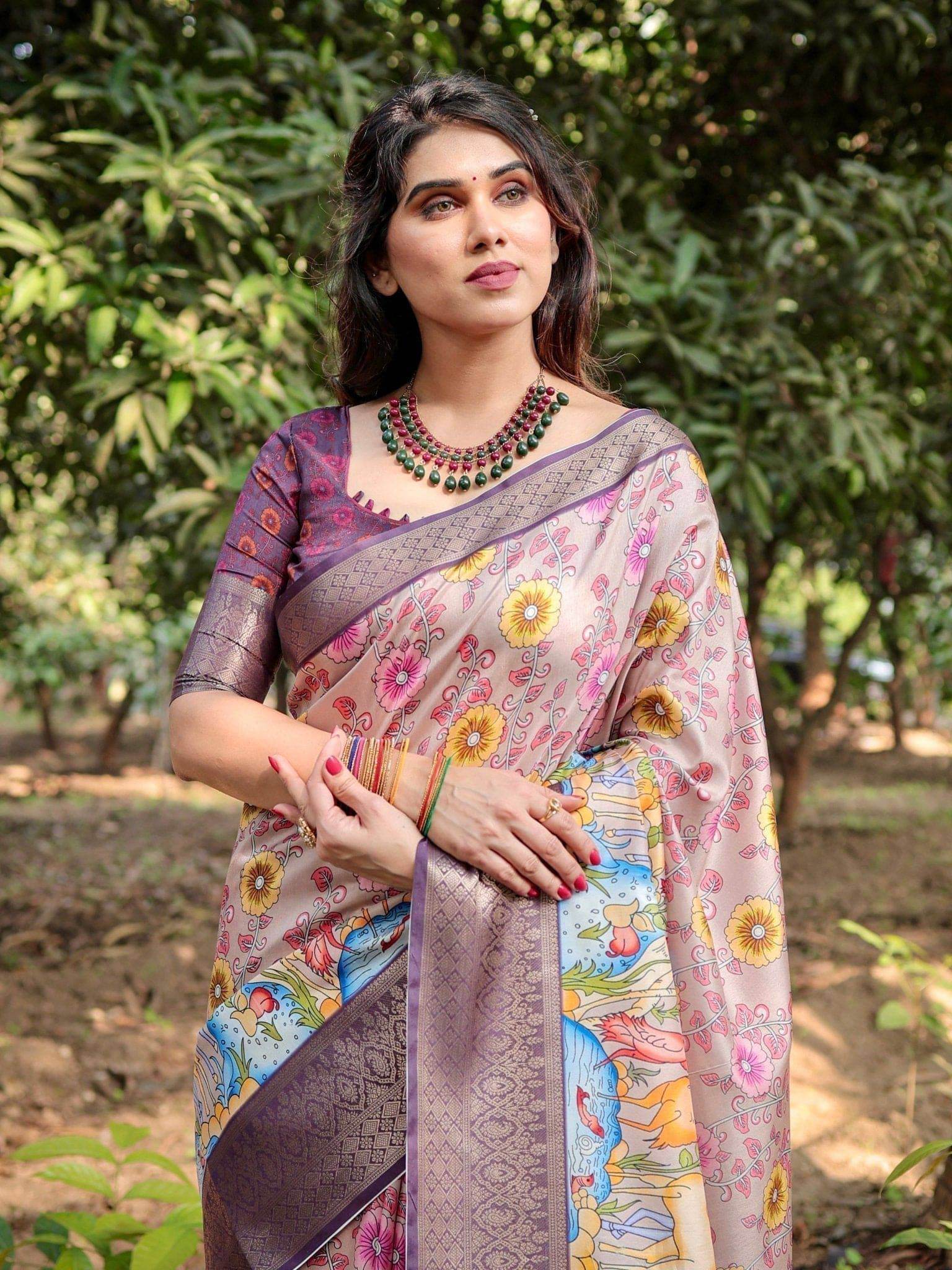 Pastel Beige Tussar Silk Saree with Vibrant Floral Motifs and Zari Border - SEEANS