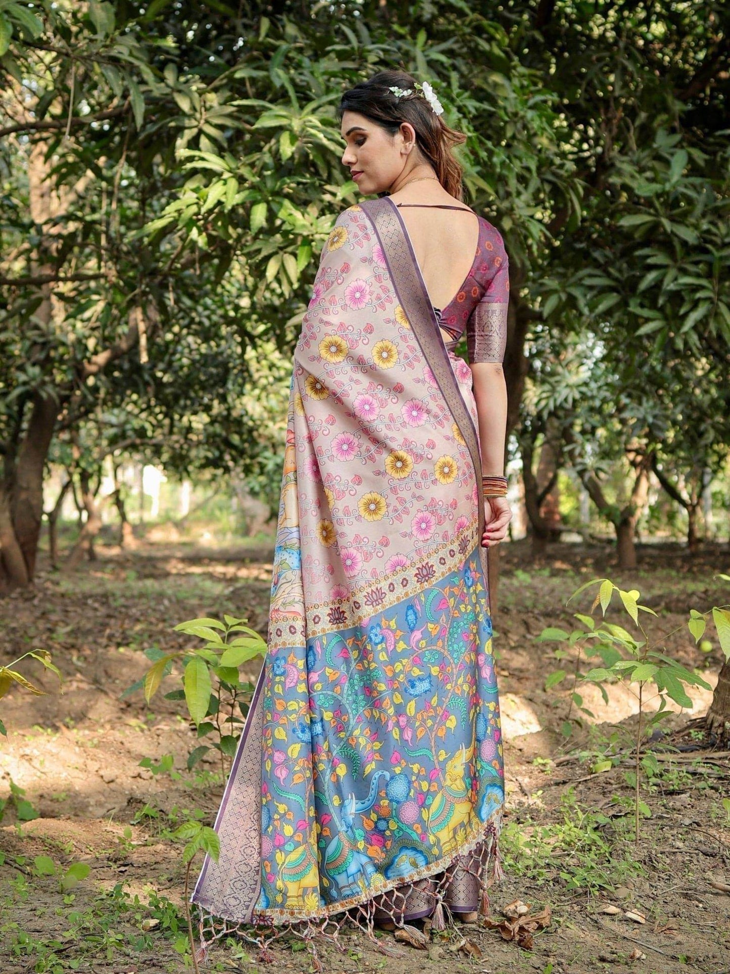 Pastel Beige Tussar Silk Saree with Vibrant Floral Motifs and Zari Border - SEEANS