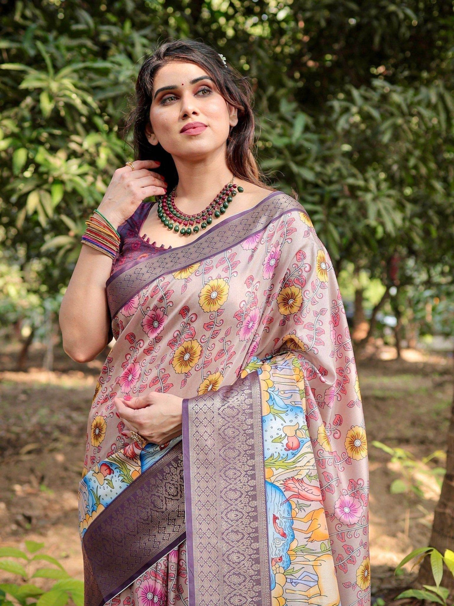 Pastel Beige Tussar Silk Saree with Vibrant Floral Motifs and Zari Border - SEEANS