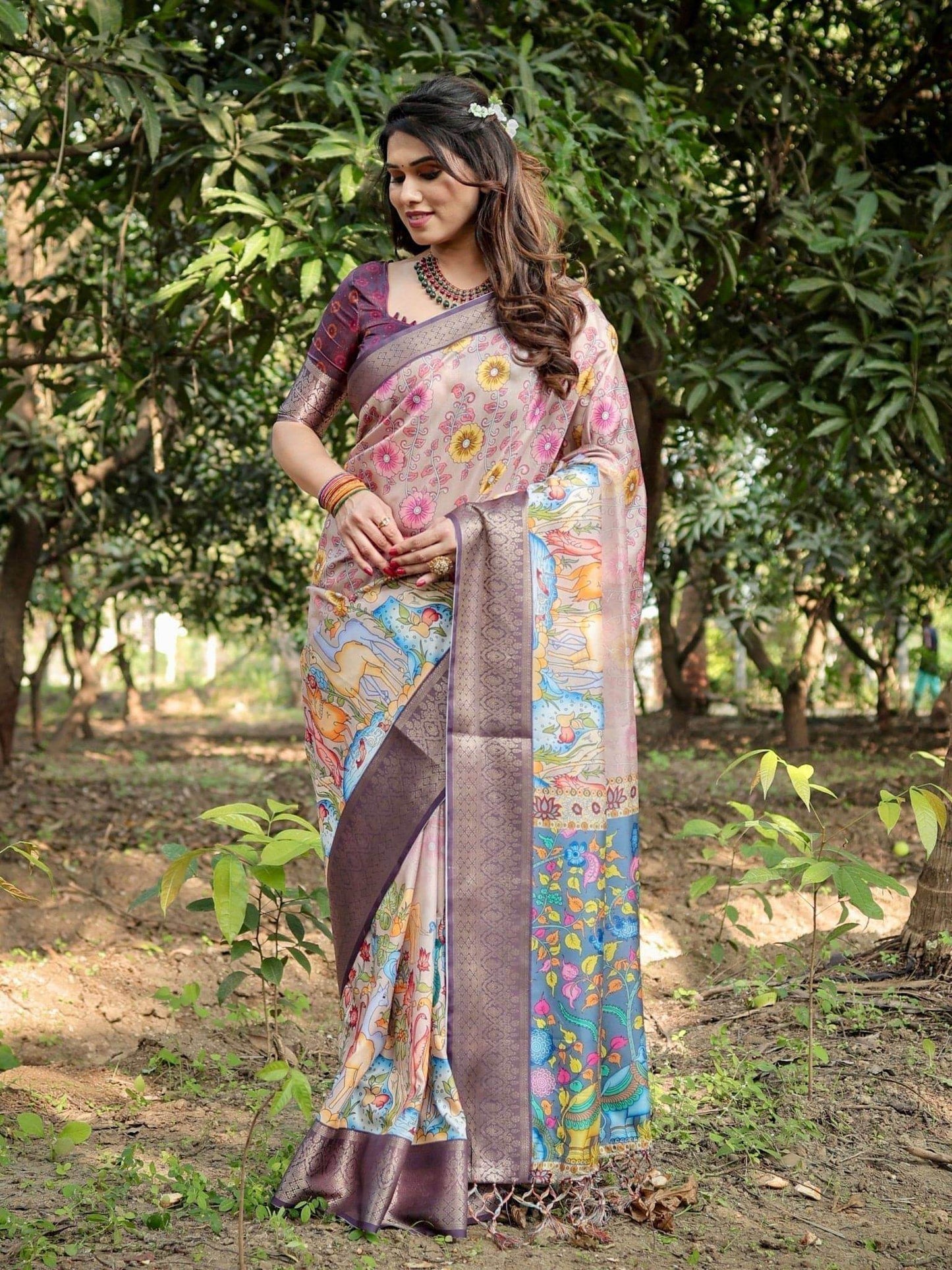 Pastel Beige Tussar Silk Saree with Vibrant Floral Motifs and Zari Border - SEEANS