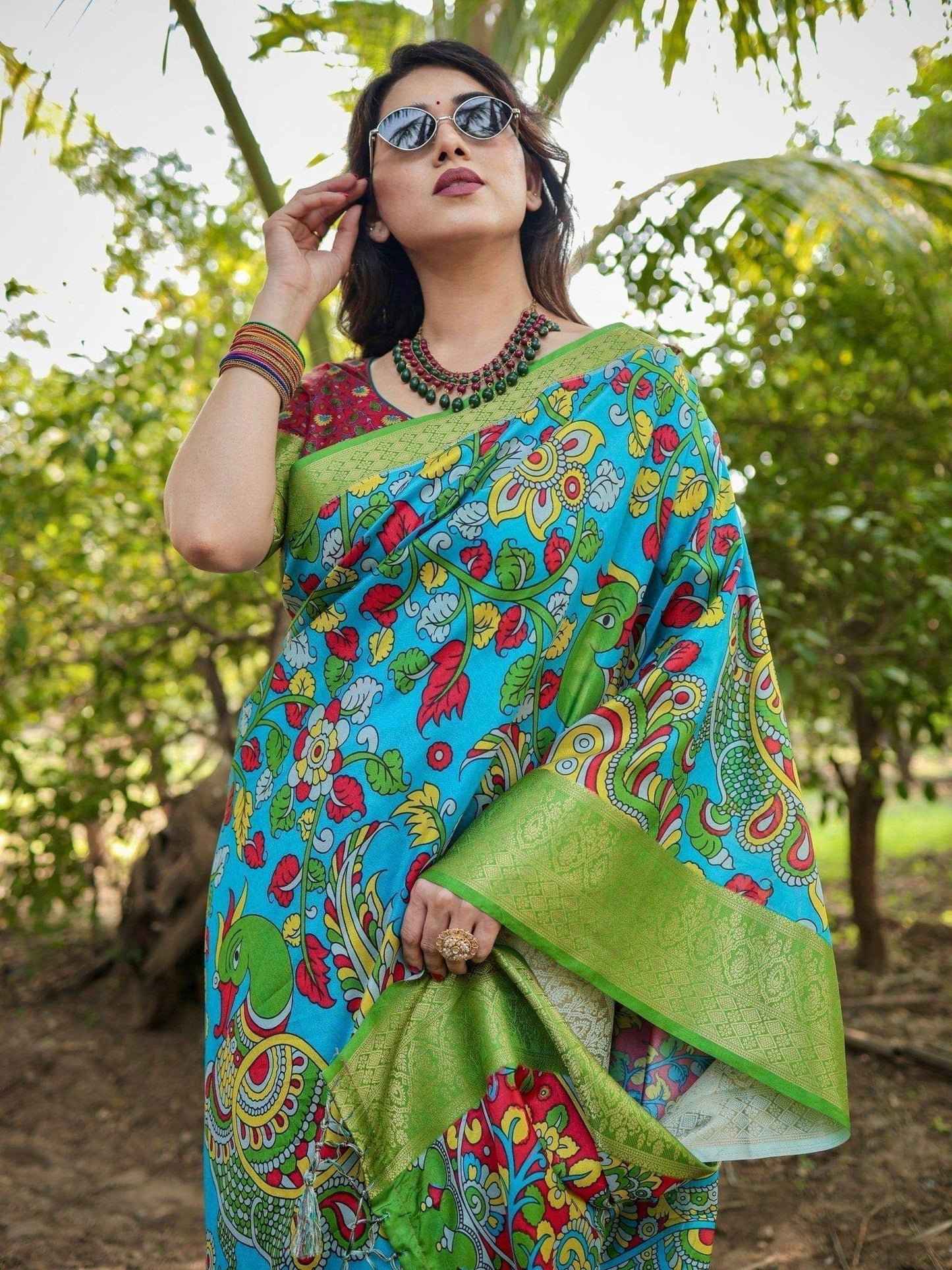 Vibrant Peacock Motif Blue and Green Tussar Silk Saree with Zari Border - SEEANS