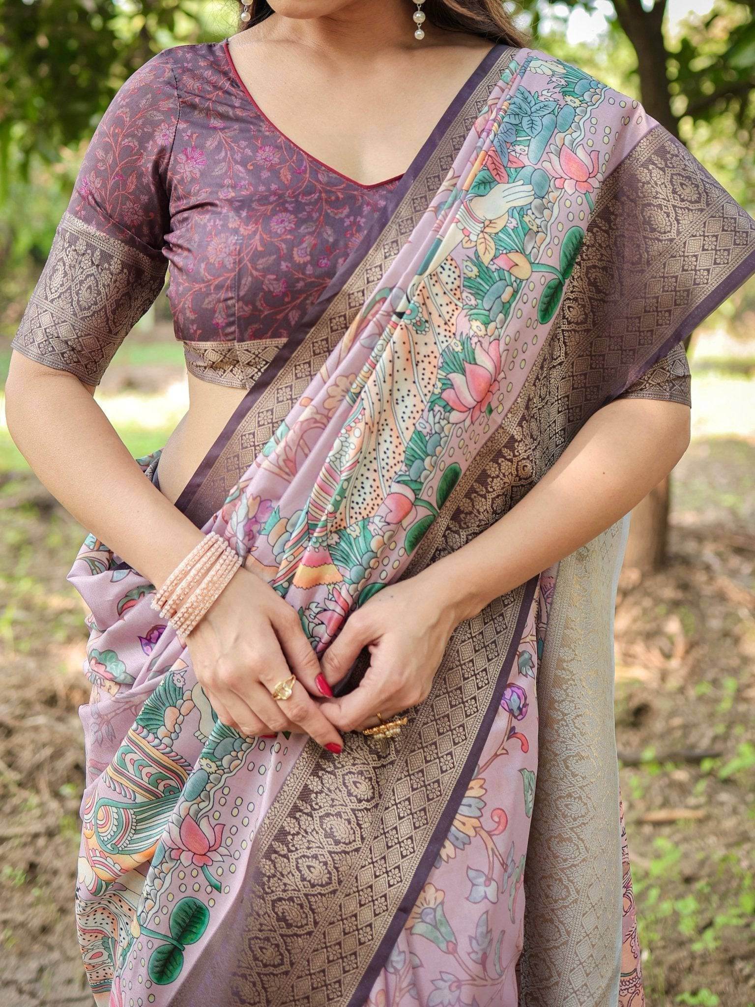 Lilac and Purple Digital Print Tussar Silk Saree with Zari Diamond Border and Lotus Motif Pallu - SEEANS