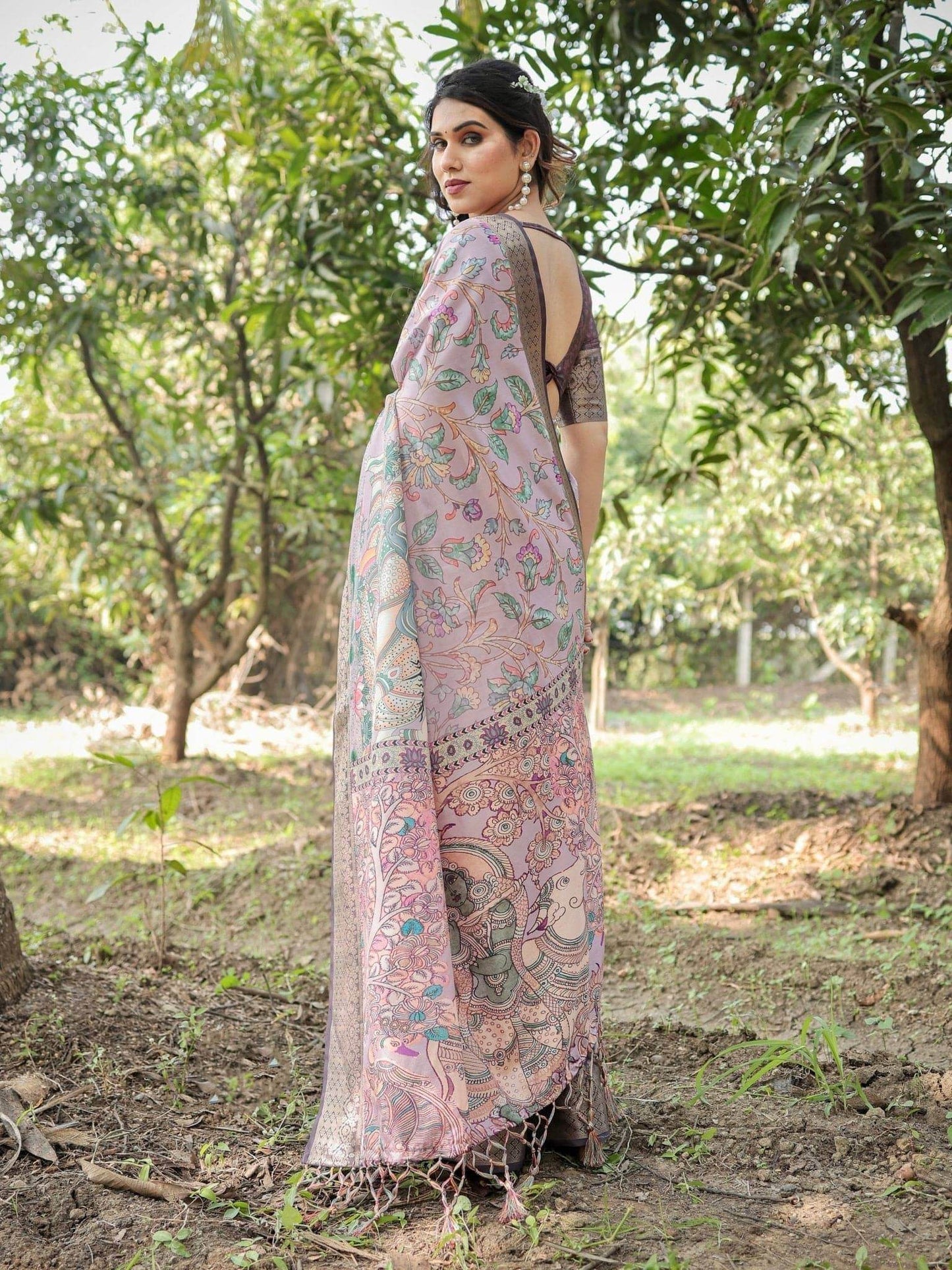 Lilac and Purple Digital Print Tussar Silk Saree with Zari Diamond Border and Lotus Motif Pallu - SEEANS