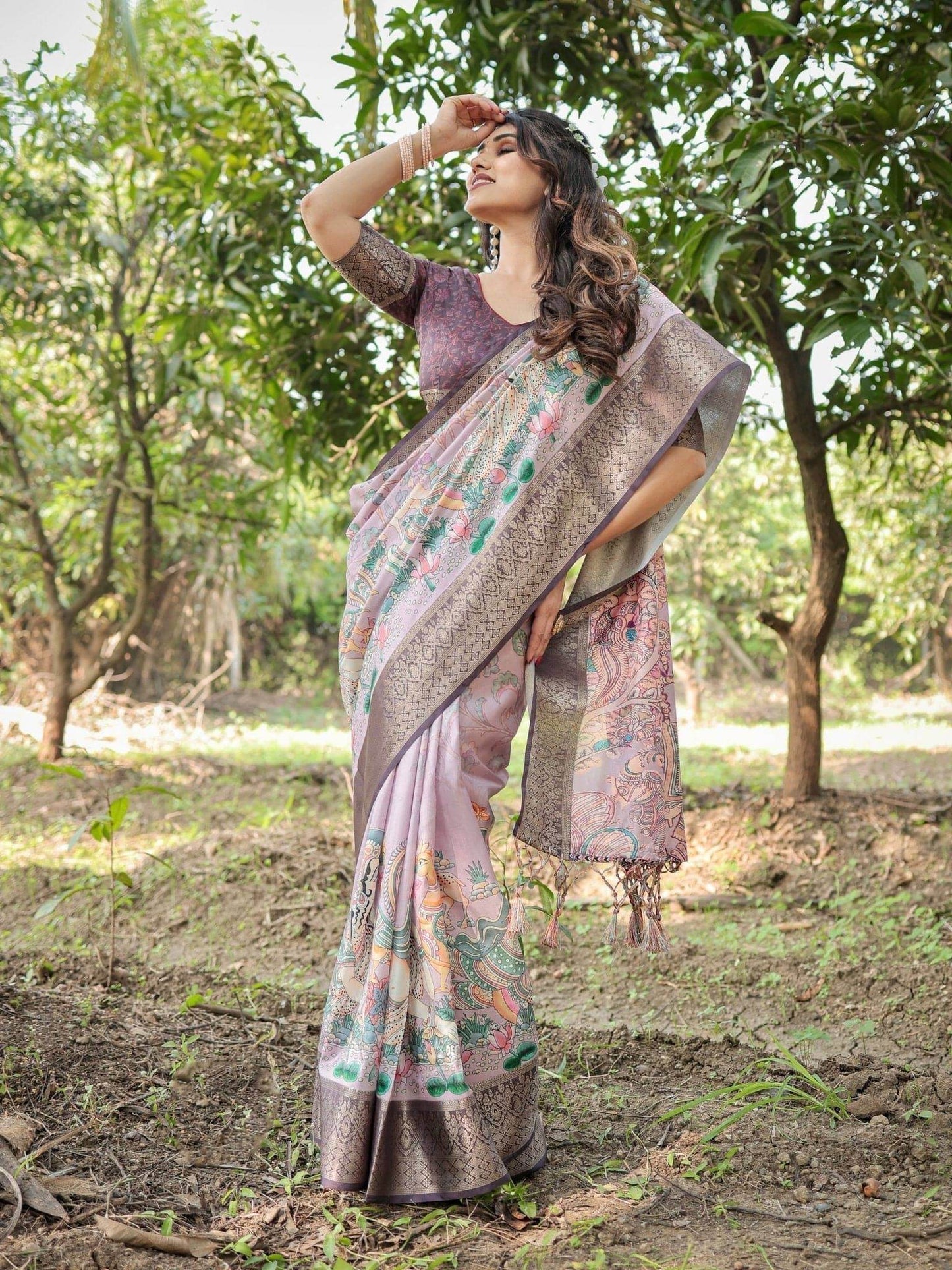 Lilac and Purple Digital Print Tussar Silk Saree with Zari Diamond Border and Lotus Motif Pallu - SEEANS