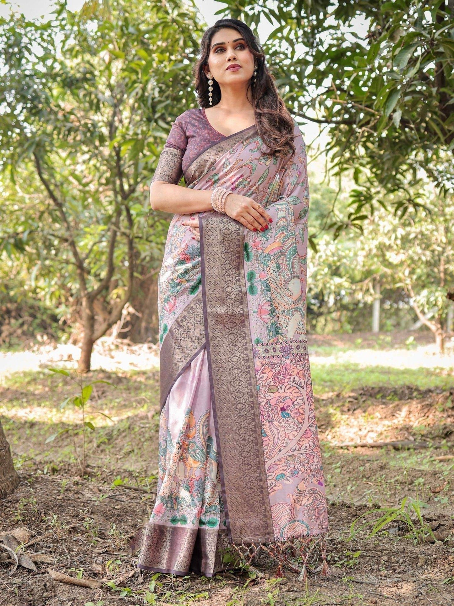 Lilac and Purple Digital Print Tussar Silk Saree with Zari Diamond Border and Lotus Motif Pallu - SEEANS