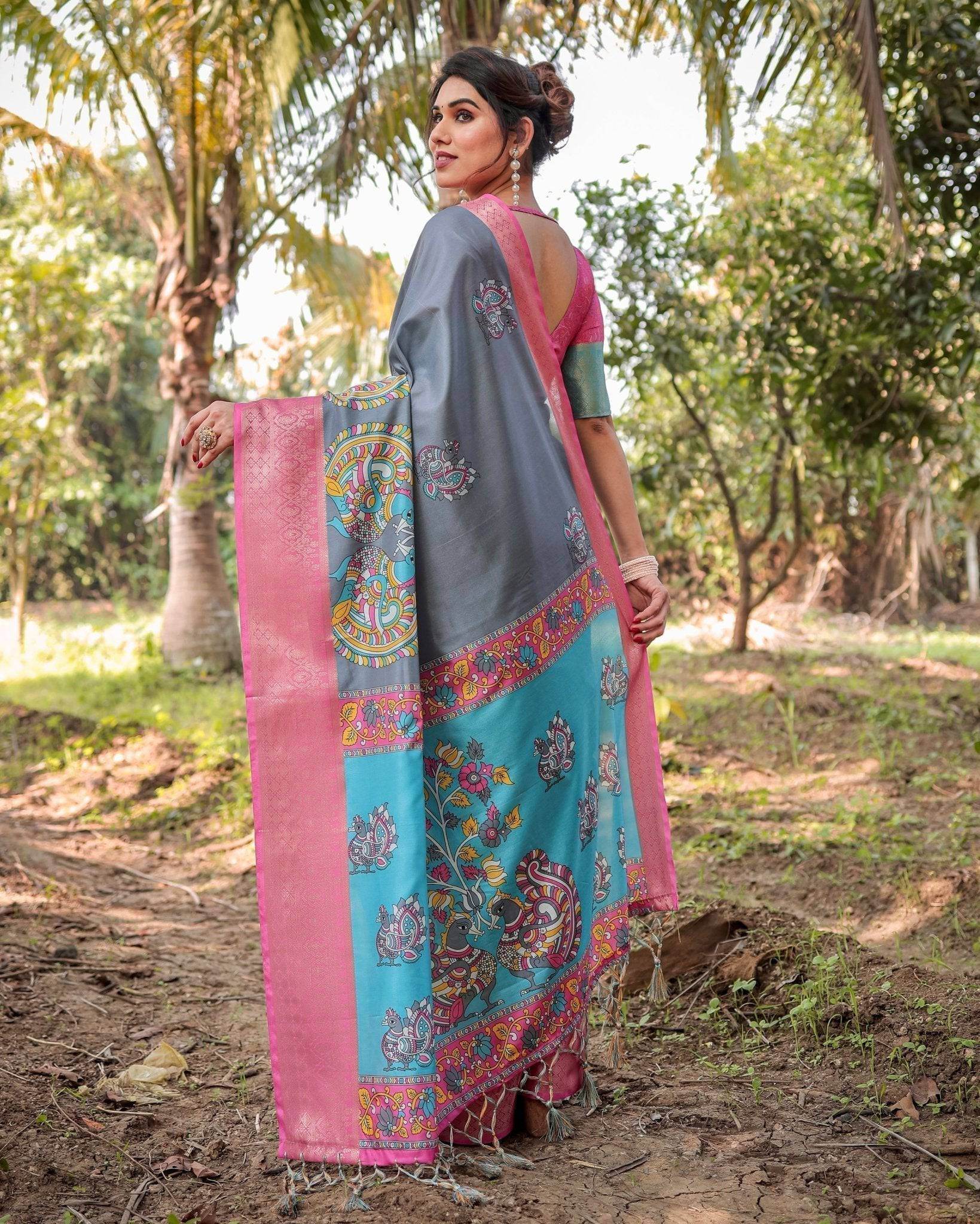 Pastel Grey and Turquoise Digital Print Tussar Silk Saree with Pink Zari Border and Peacock Motif Pallu - SEEANS