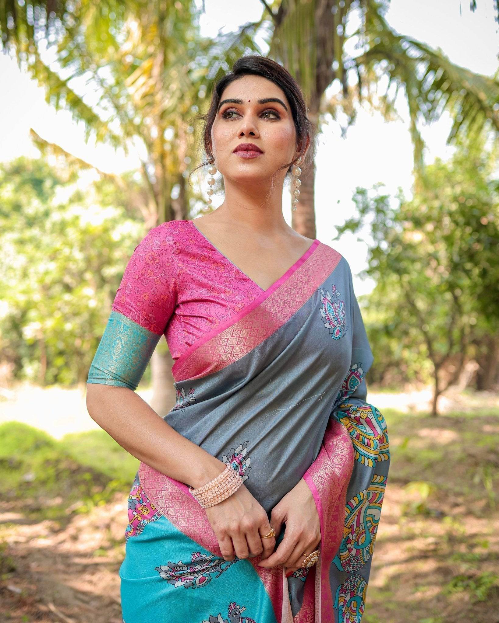 Pastel Grey and Turquoise Digital Print Tussar Silk Saree with Pink Zari Border and Peacock Motif Pallu - SEEANS