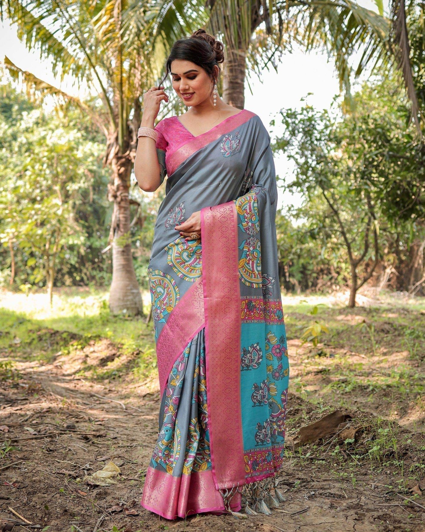 Pastel Grey and Turquoise Digital Print Tussar Silk Saree with Pink Zari Border and Peacock Motif Pallu - SEEANS