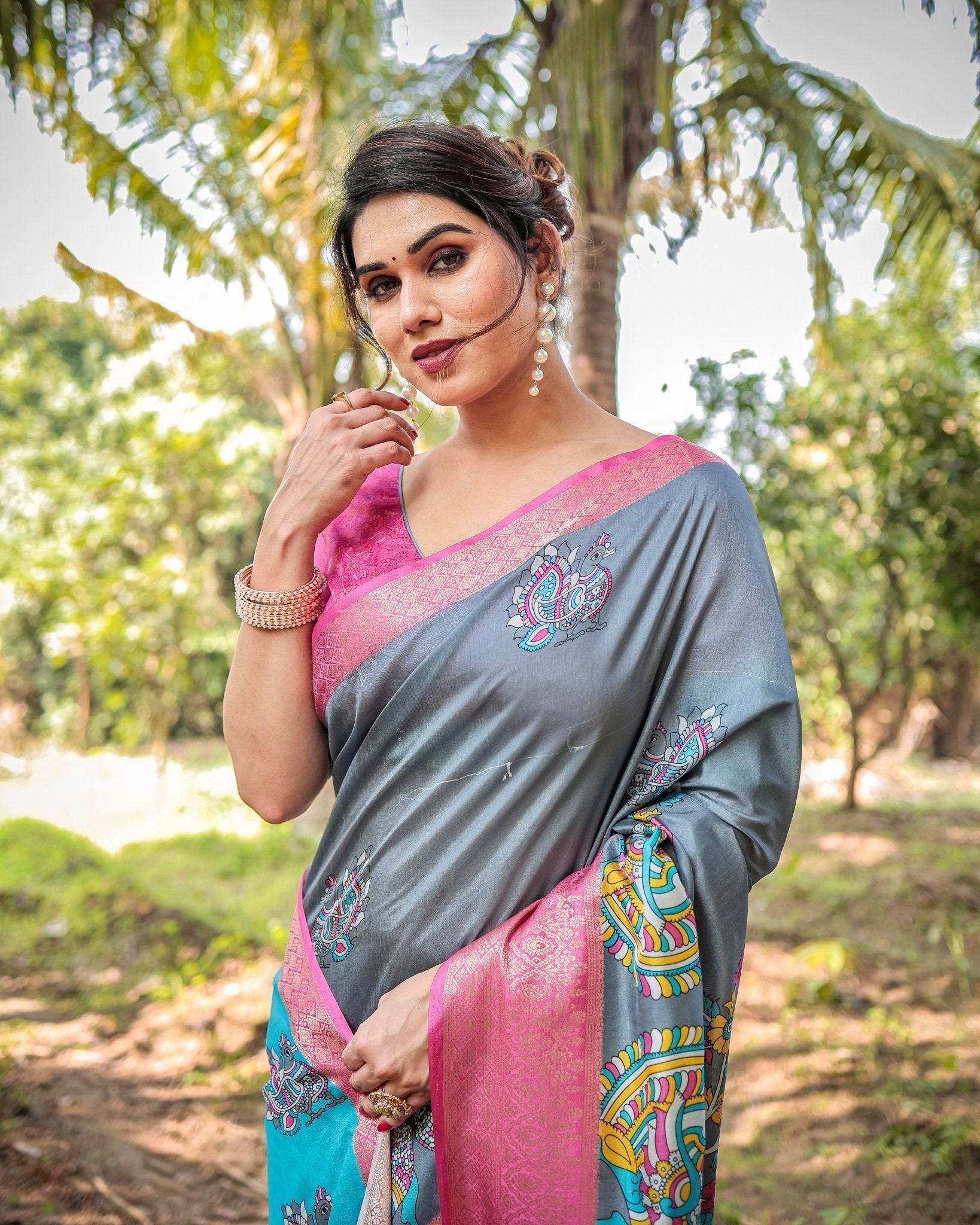 Pastel Grey and Turquoise Digital Print Tussar Silk Saree with Pink Zari Border and Peacock Motif Pallu - SEEANS