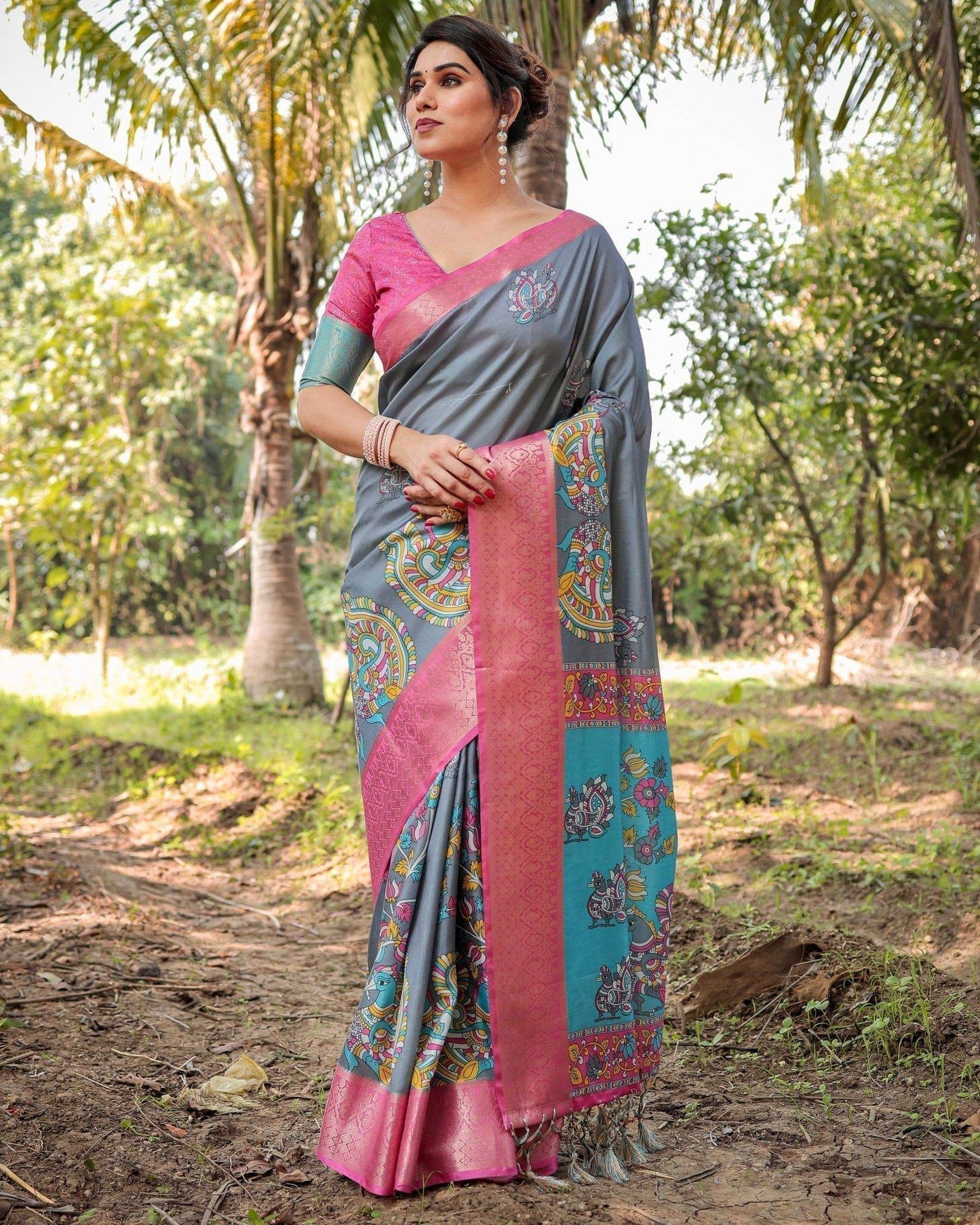 Pastel Grey and Turquoise Digital Print Tussar Silk Saree with Pink Zari Border and Peacock Motif Pallu - SEEANS