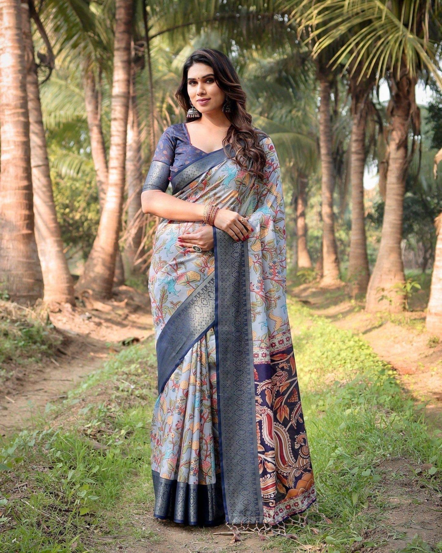 Sky Blue and Navy Digital Print Tussar Silk Saree with Zari Woven Border and Floral Motif Pallu - SEEANS