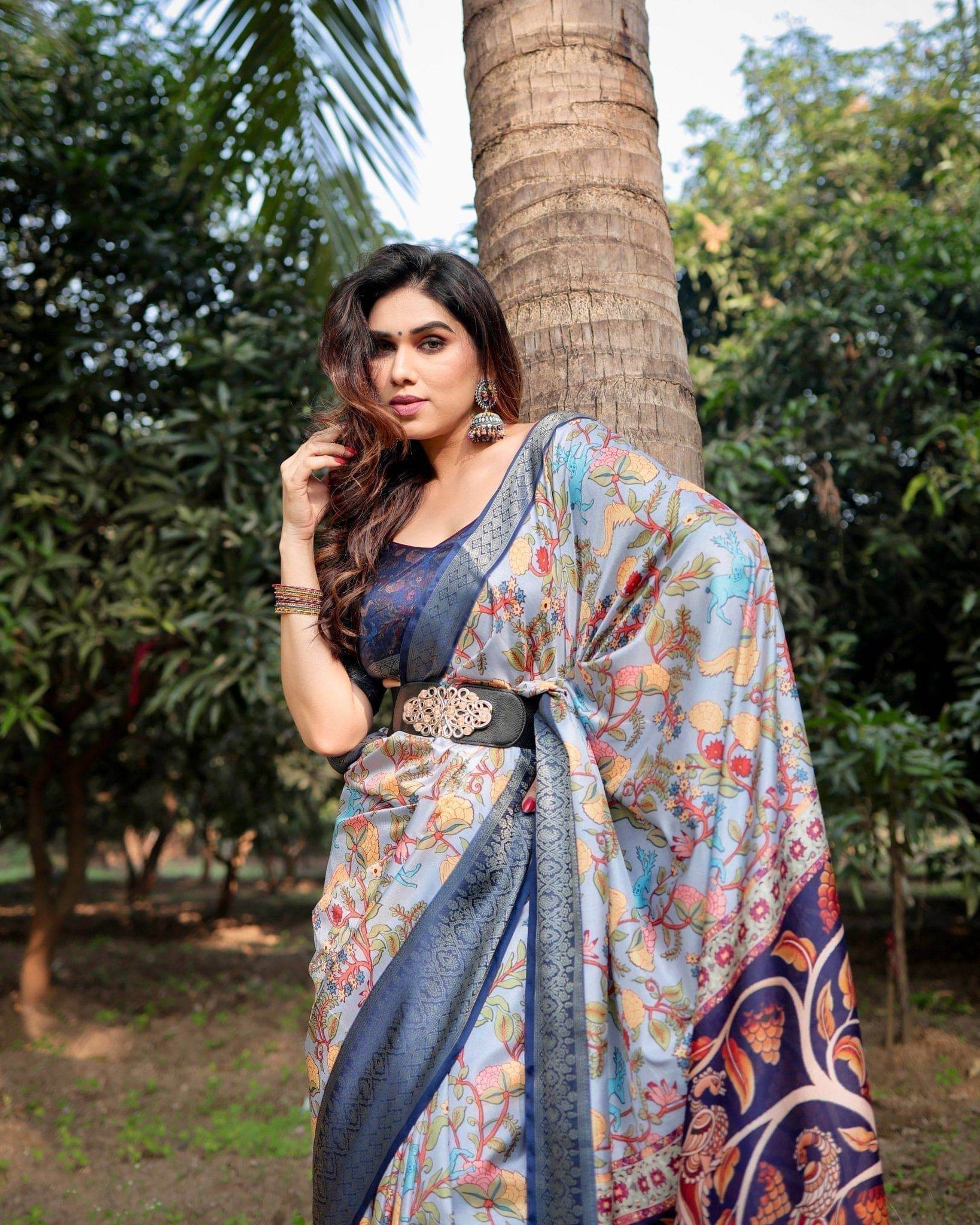 Sky Blue and Navy Digital Print Tussar Silk Saree with Zari Woven Border and Floral Motif Pallu - SEEANS