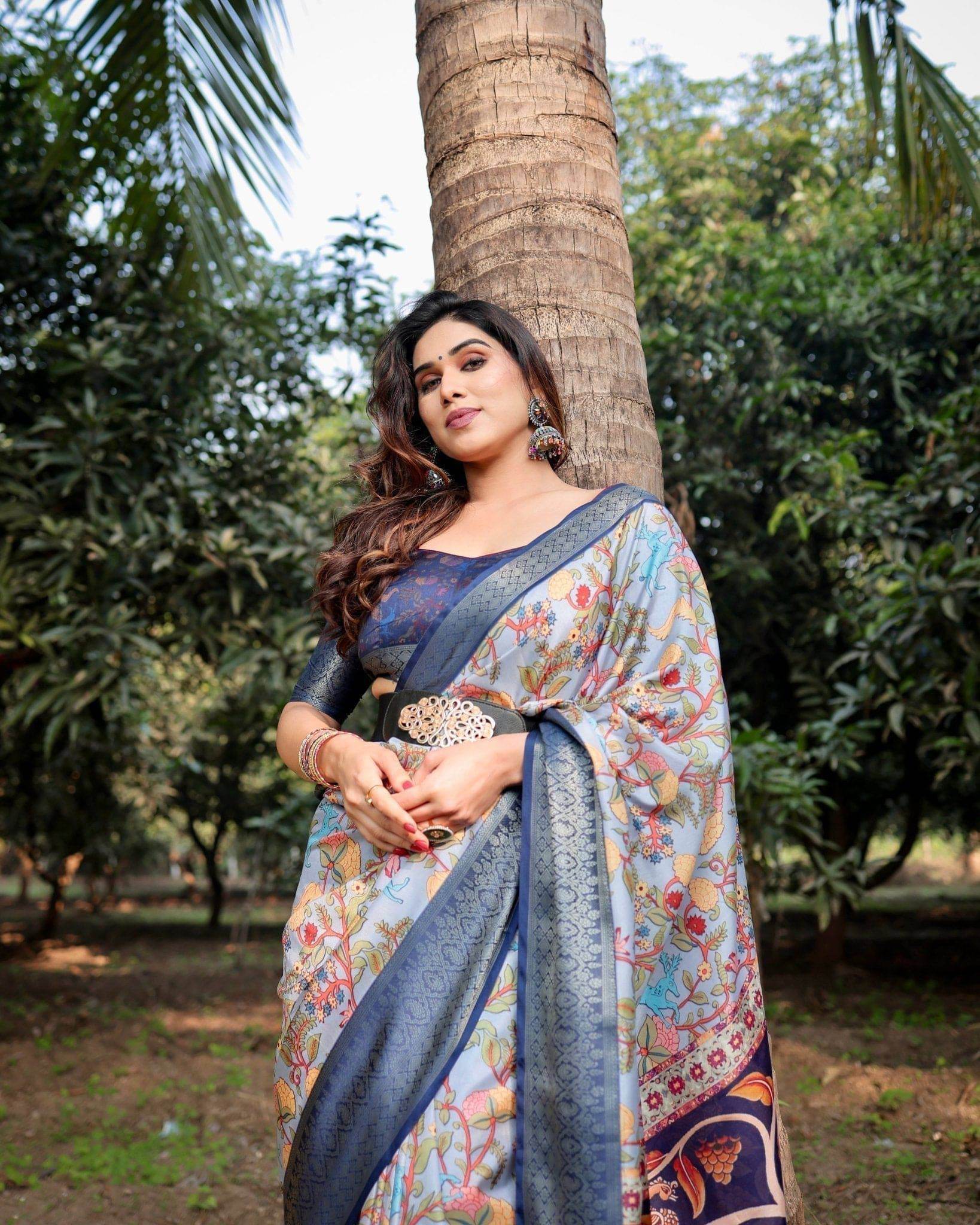 Sky Blue and Navy Digital Print Tussar Silk Saree with Zari Woven Border and Floral Motif Pallu - SEEANS